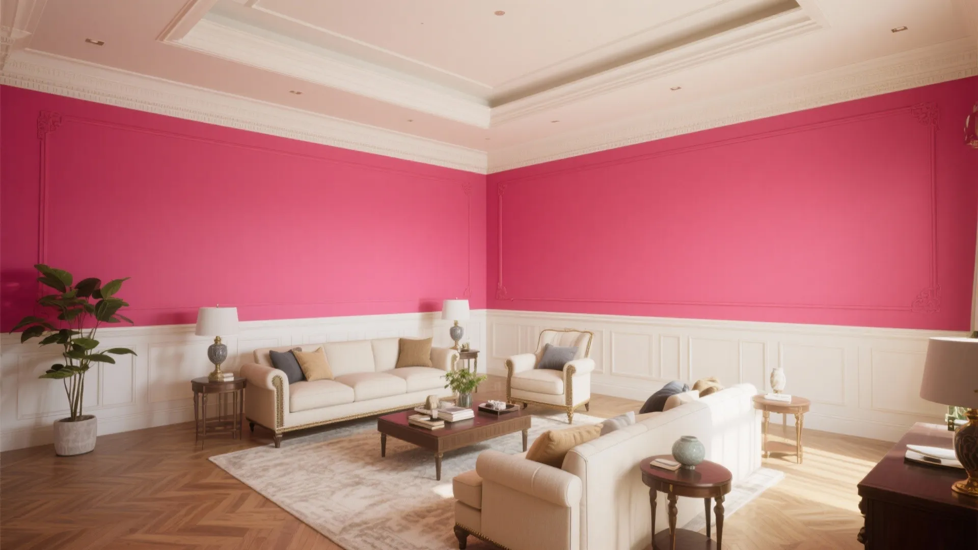 Bright pink living room walls with white wall panels behind classic cream sofas and table
