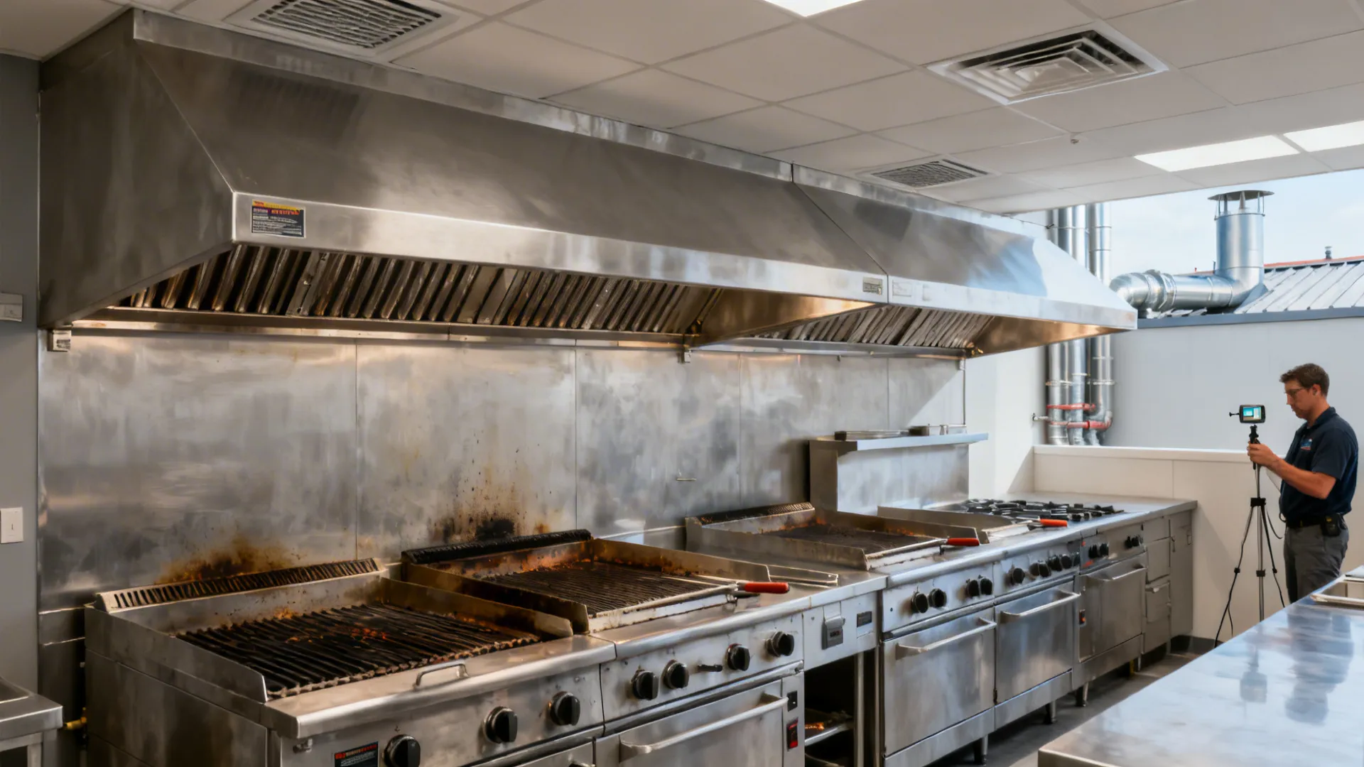 Stainless canopy hood with balanced make-up air diffusers over a compact UK cookline.