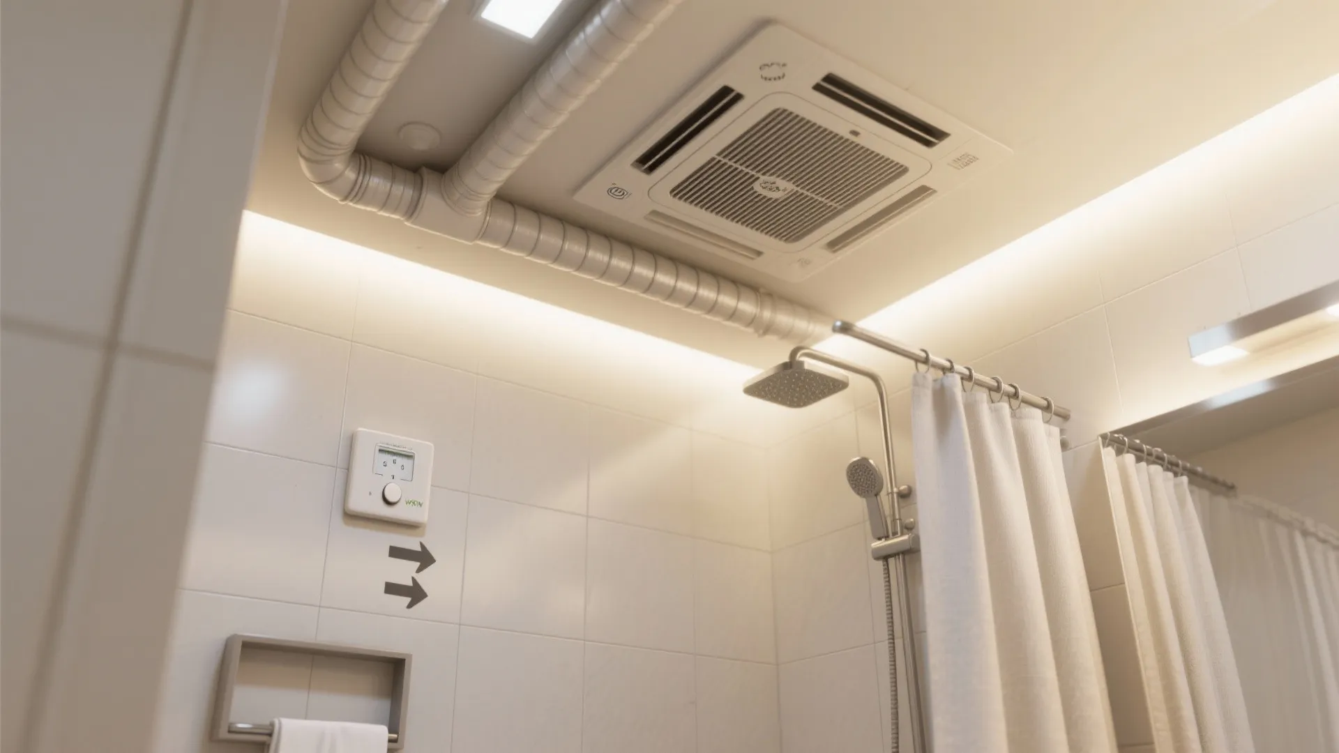 Bathroom ceiling showing a white ventilation fan unit with connected pipes above a shower area