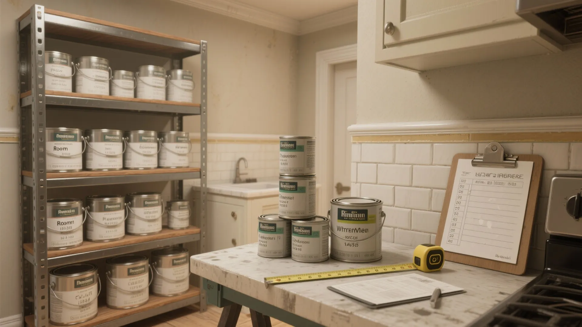 Organized paint storage with labeled cans, a kitchen trimmed in semi-gloss and exterior cans for reference.