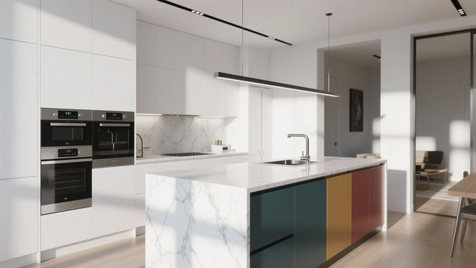 White modern kitchen with marble island colorful cabinets built in ovens and simple black light