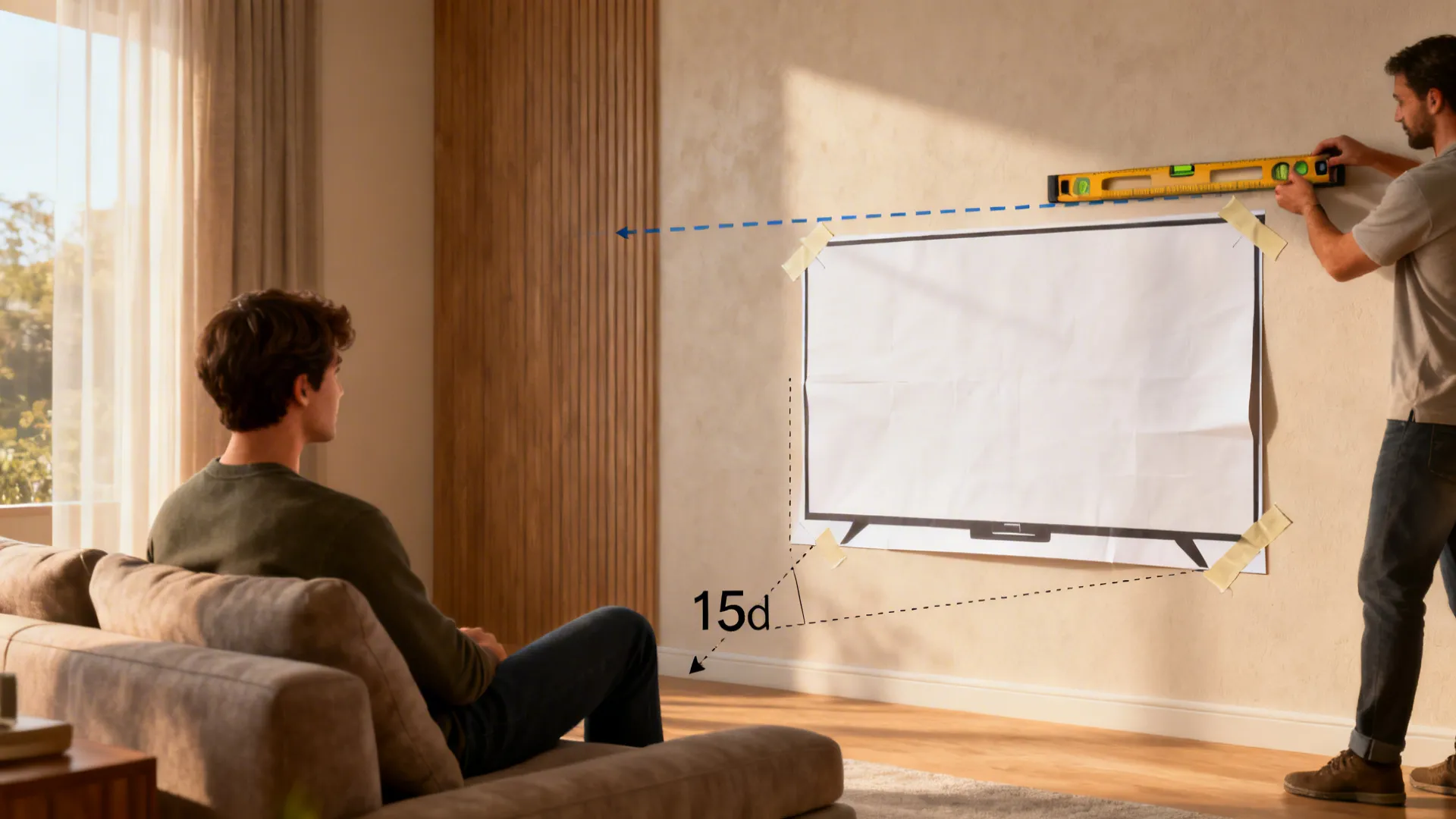 Person seated while another marks eye line and a paper TV cutout taped to the wall at a comfortable angle