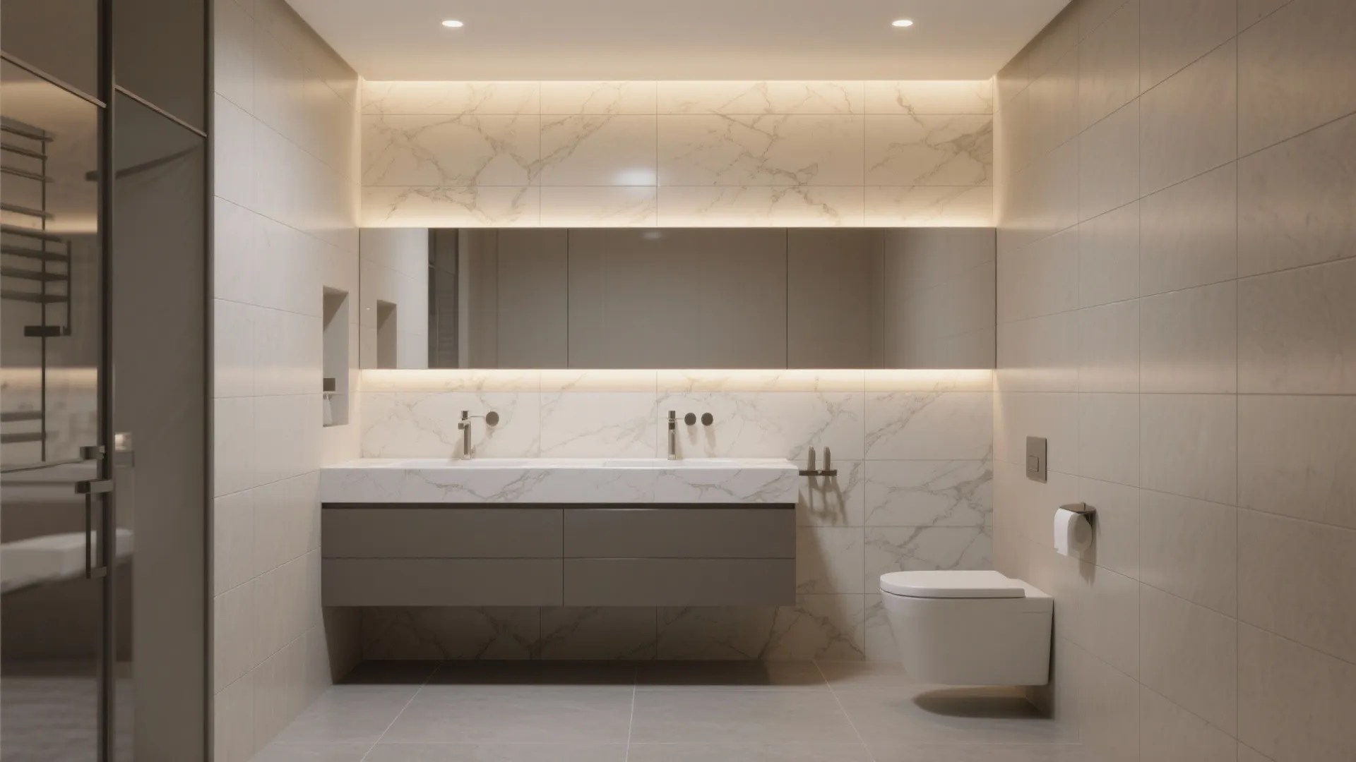 Modern bathroom with marble wall tiles, double sinks, large lighted mirror, and white wall toilet