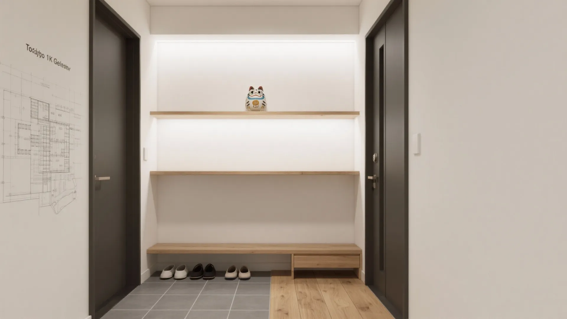 玄関の視線高さに合わせると日式風格が自然に馴染む