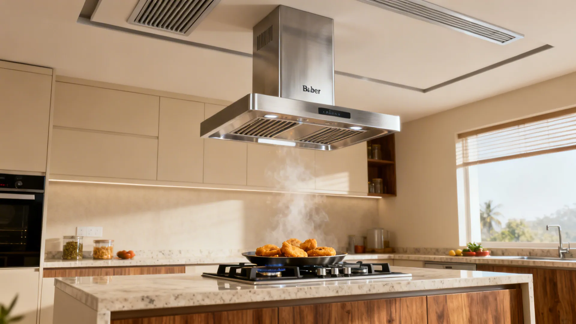 Stainless chimney with baffle filters over a compact hob capturing frying fumes.