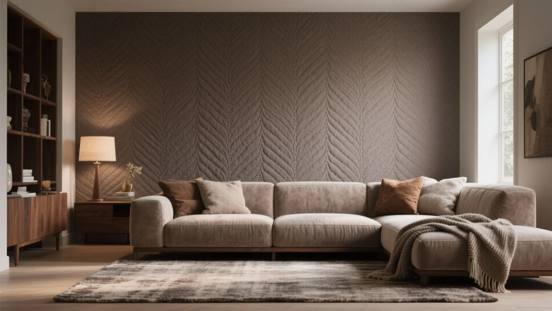 Modern living room with brown textured wall panel beige sofa wooden cabinet and soft warm lighting