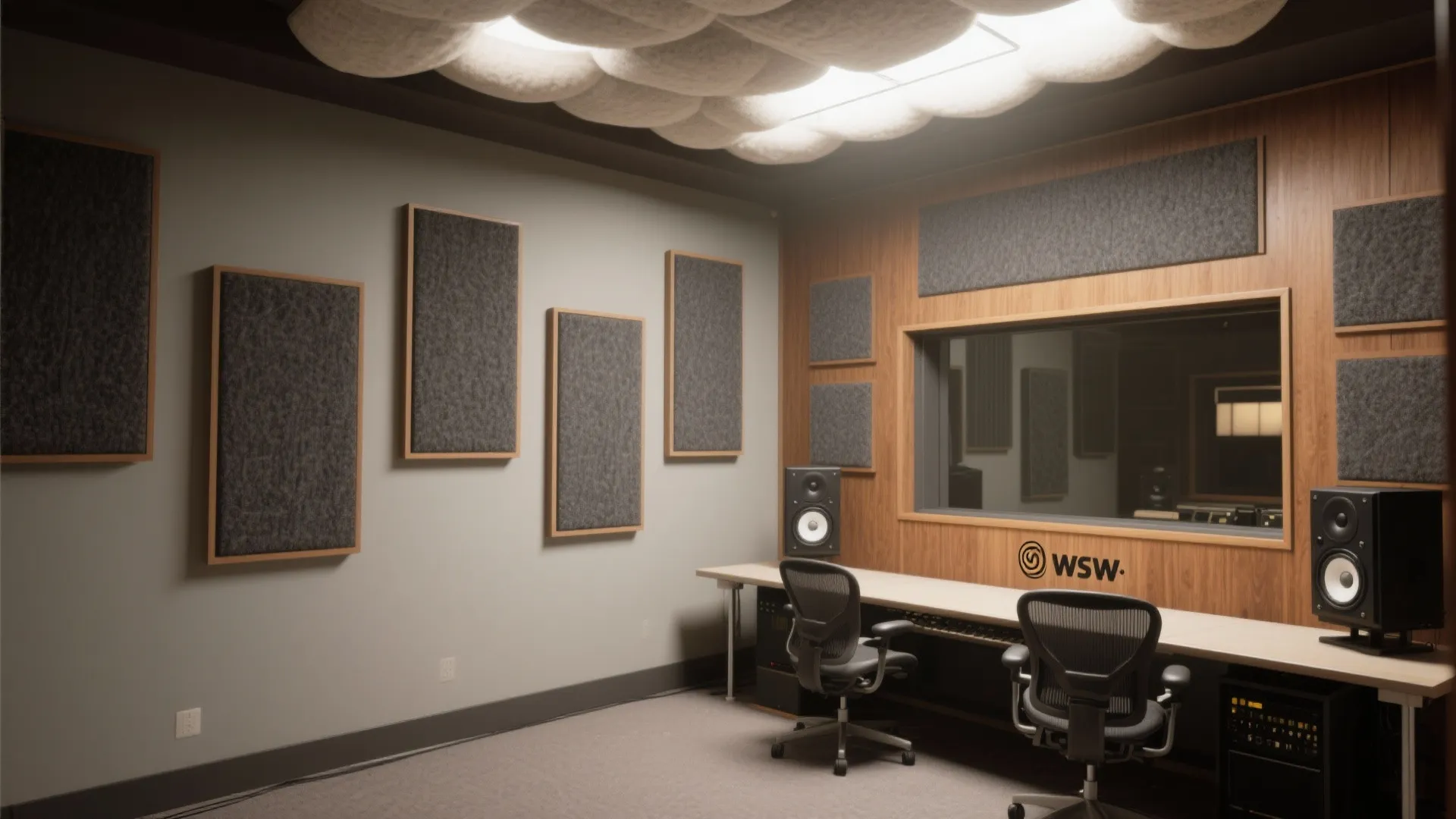 Side-wall broadband absorbers at mirror points in a compact studio, with air gap and ceiling cloud.