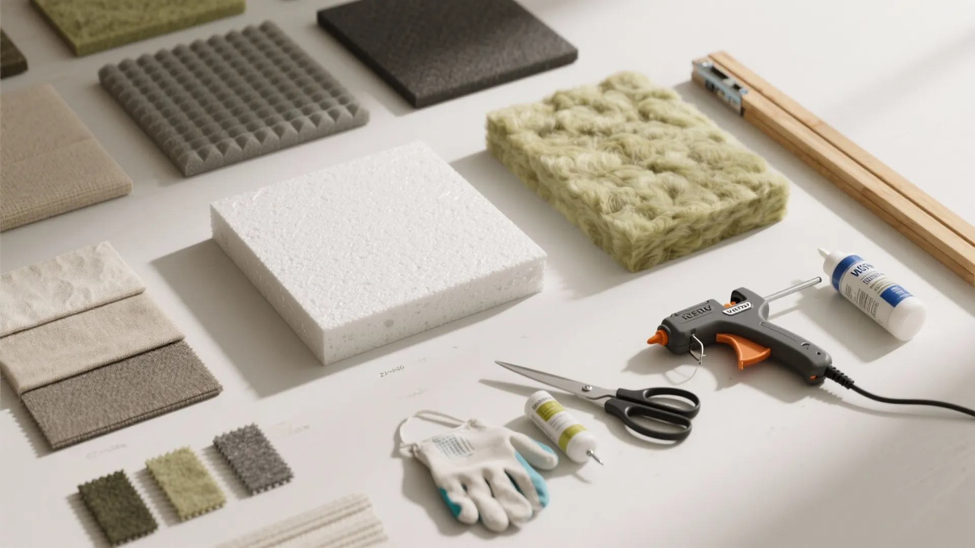 Acoustic foam and fabric samples placed with a glue gun and safety gloves on table