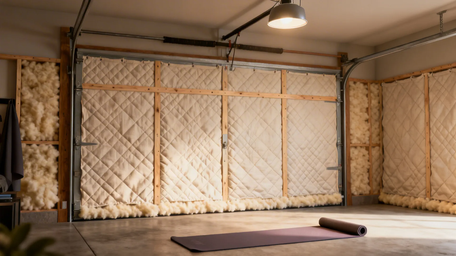 Quilted wall panels and insulation in a garage gym with a yoga mat on floor
