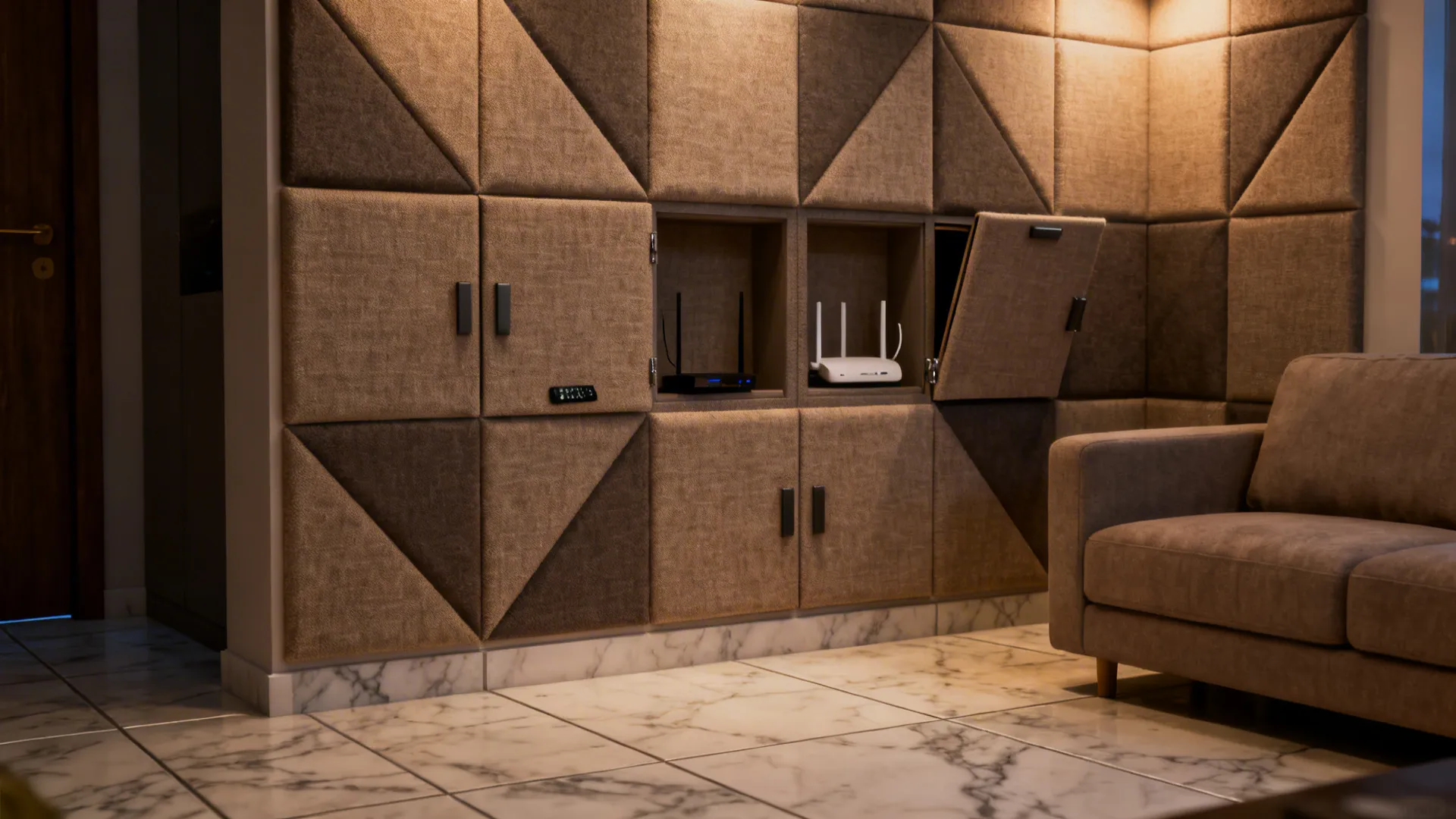 Fabric acoustic panel grid with hidden storage niches in a cozy living room.