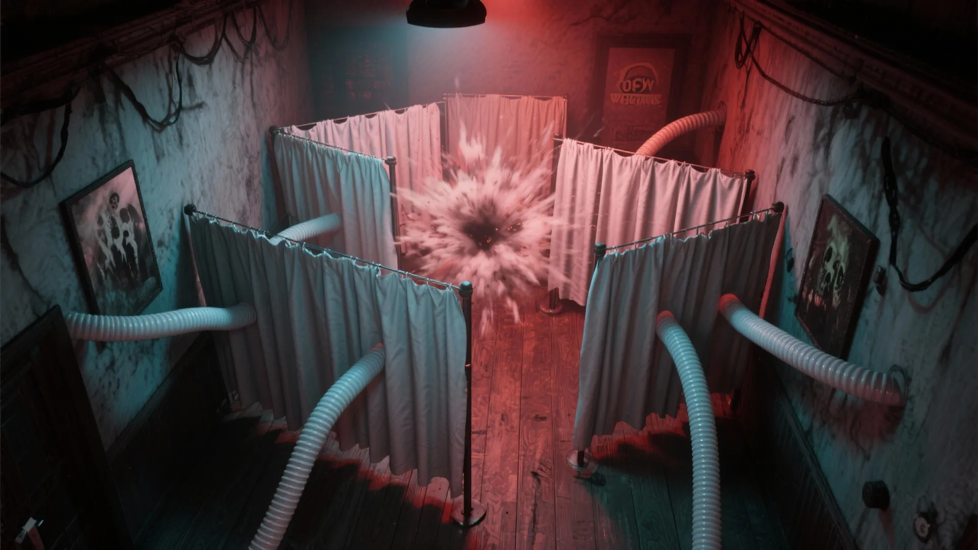 Dark room with curtains showing air blast effect and white tubes under red ceiling light