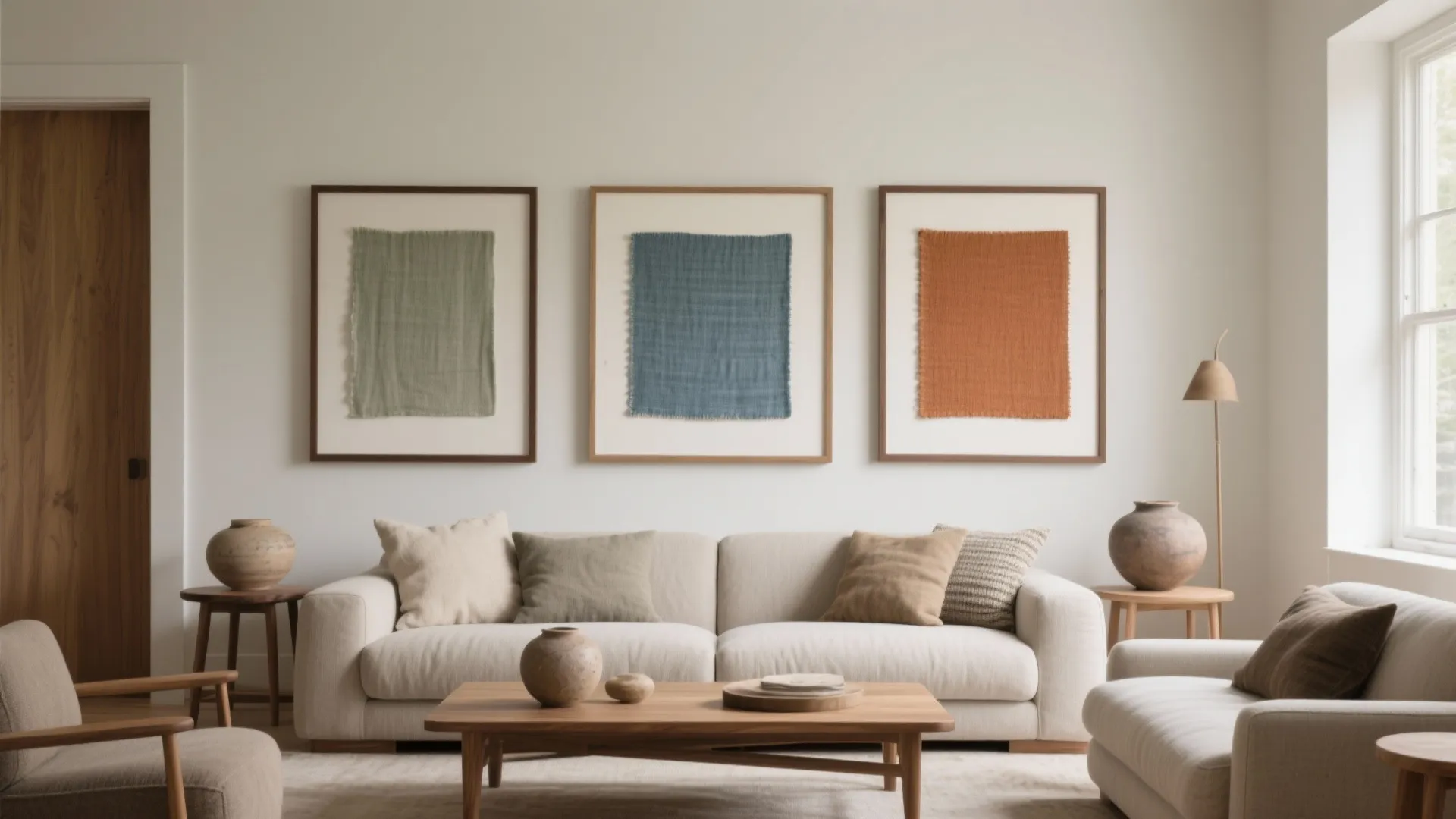 Living room with beige sofa three framed fabric art pieces wooden coffee table and floor lamp