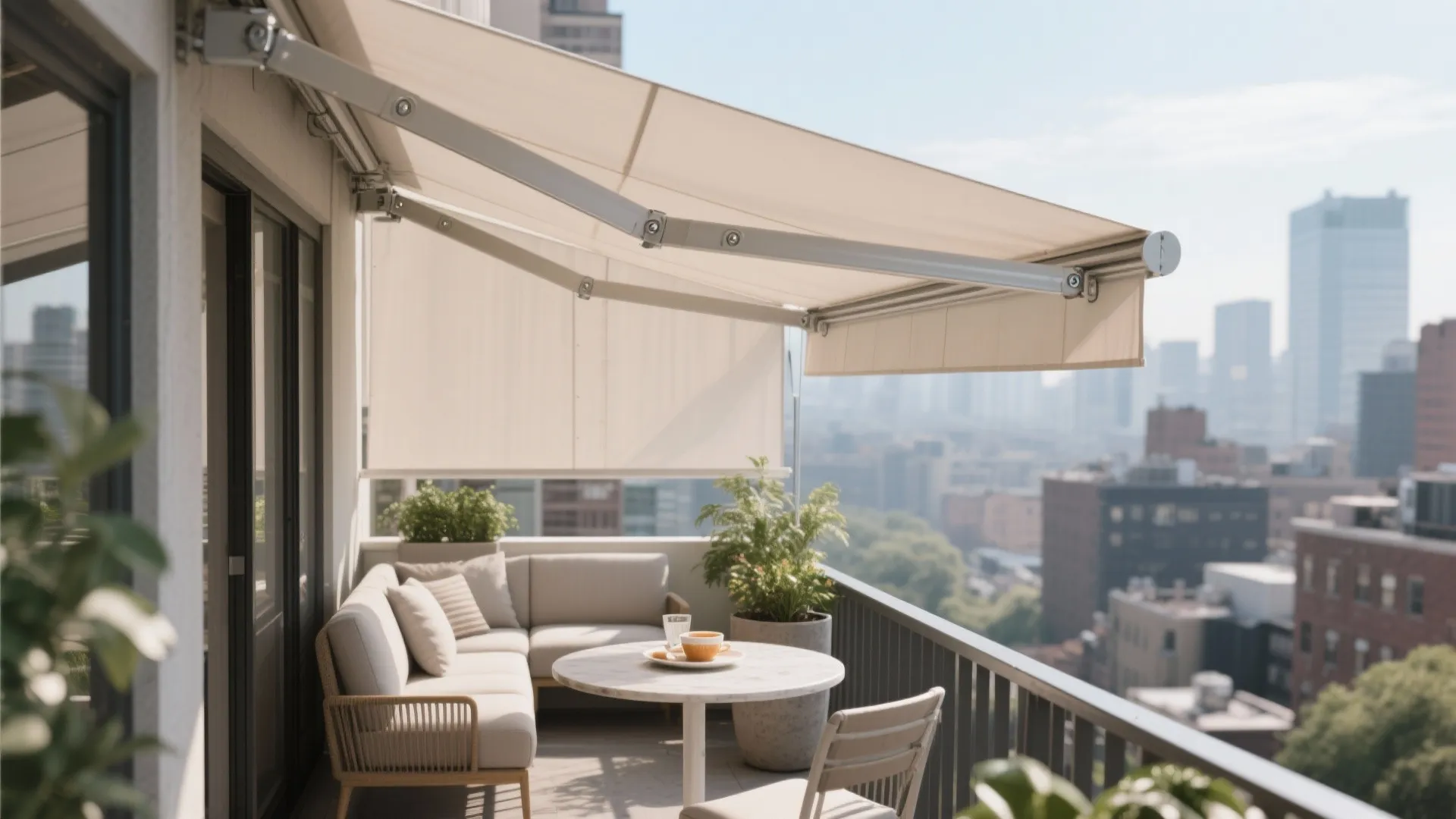 Modern balcony with retractable beige awning grey outdoor sofa round table and a city view