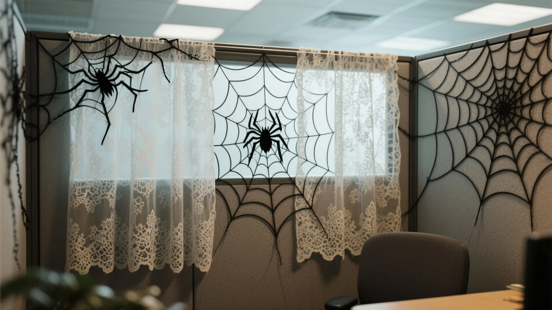 Office cubicle decorated with black spider webs white lace curtains and plastic spiders for Halloween