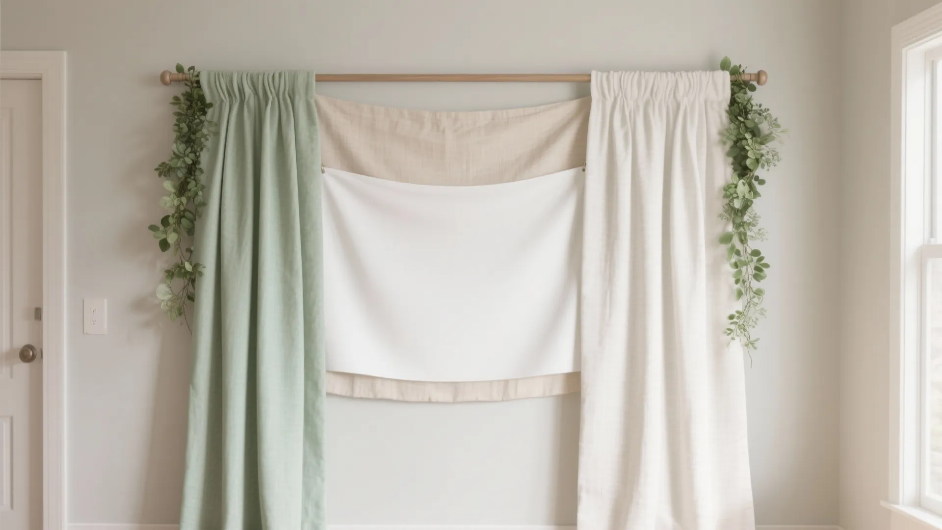 Wall mounted wooden rod holding green white curtains beige fabric and two green leaf vines