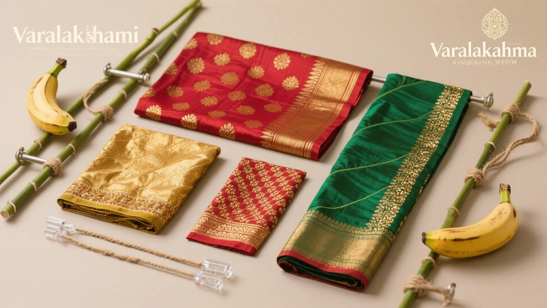 Fabric backdrops: kanjeevaram panels and banana leaf greens