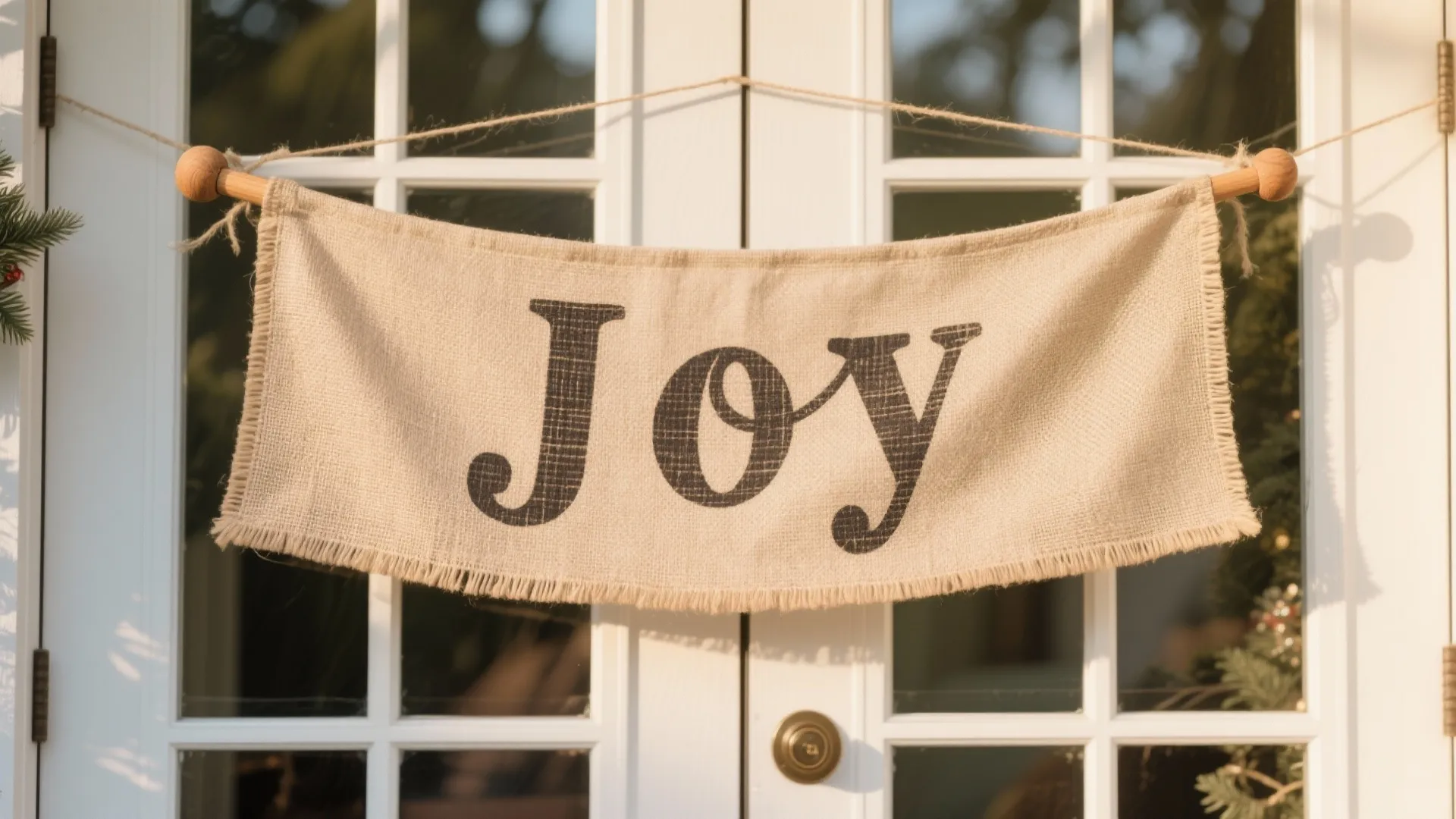 Holiday fabric banner reading Joy hanging on glass panel door