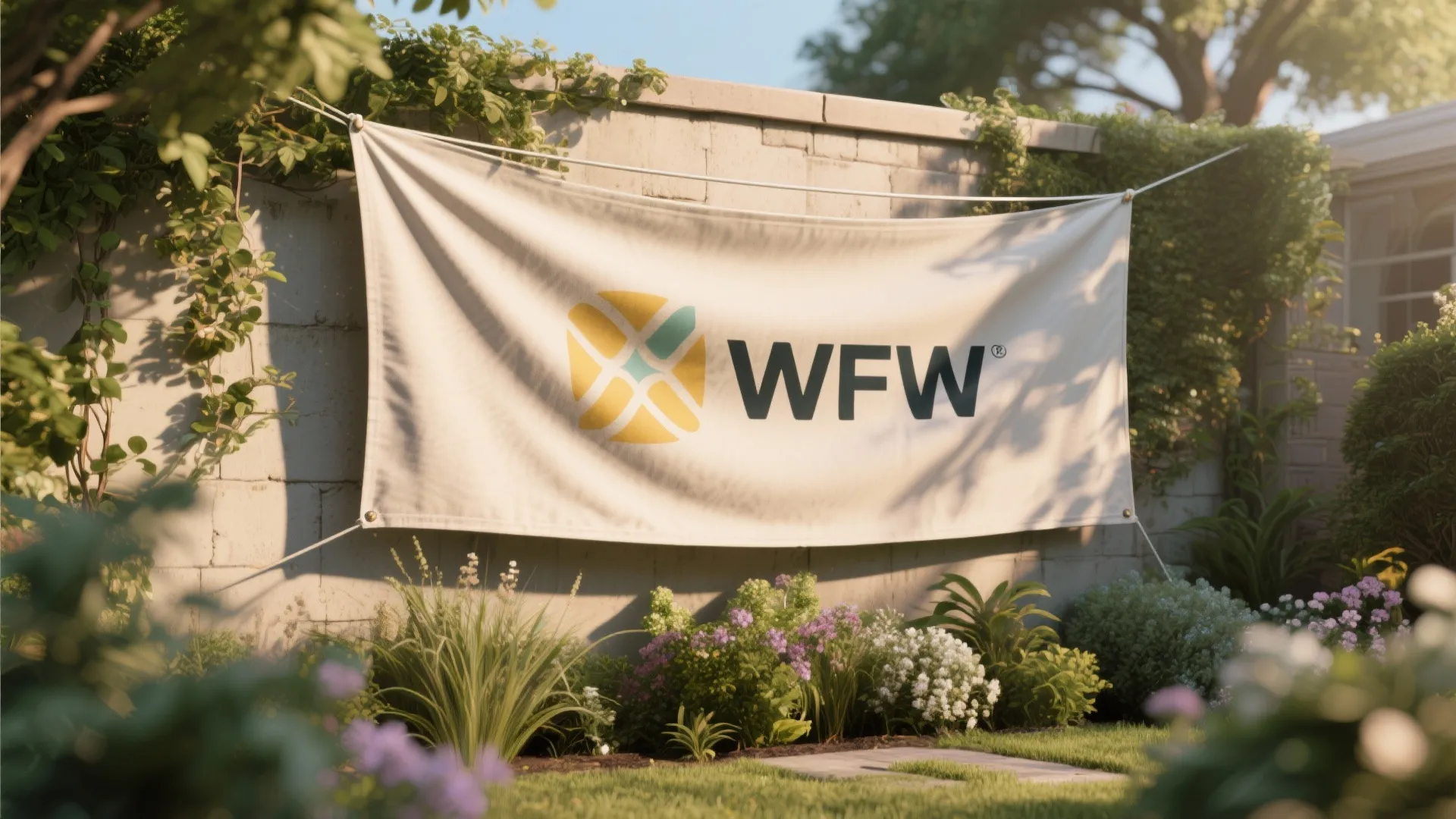 Large white fabric banner with yellow logo hanging on garden wall with flowers and plants