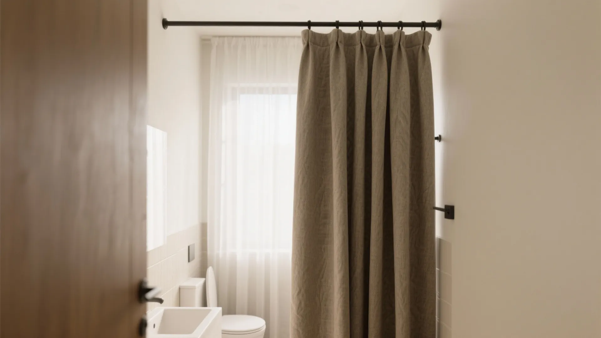 Small bathroom featuring brown fabric curtain divider white sink toilet and window with natural light