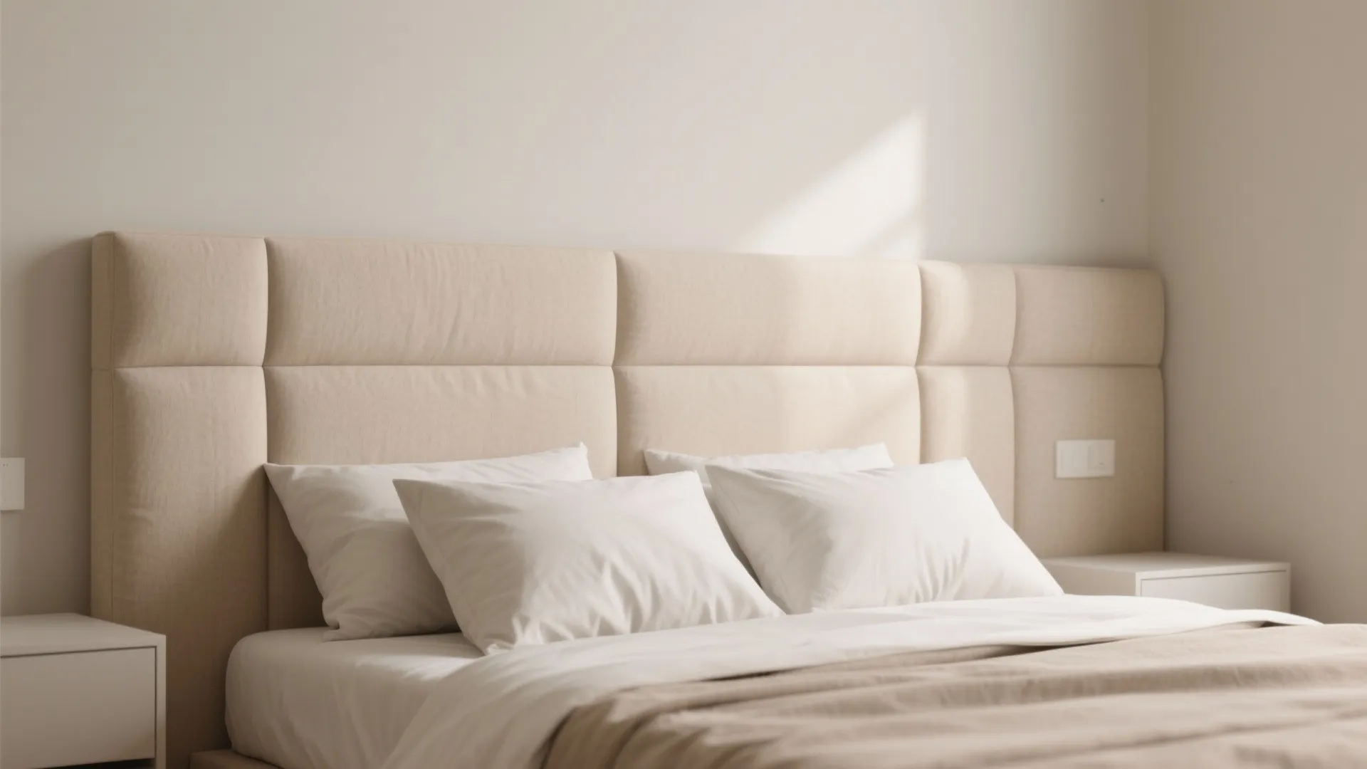 Close up of a cream fabric headboard with white pillows and matching side table drawers