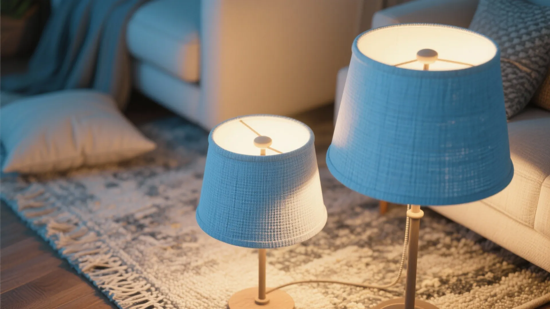 Two table lamps with blue fabric shades placed on a patterned rug in a living