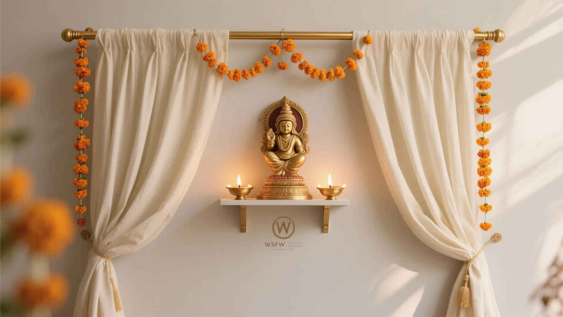 Golden statue on a small white shelf decorated with white curtains orange flowers and lamps