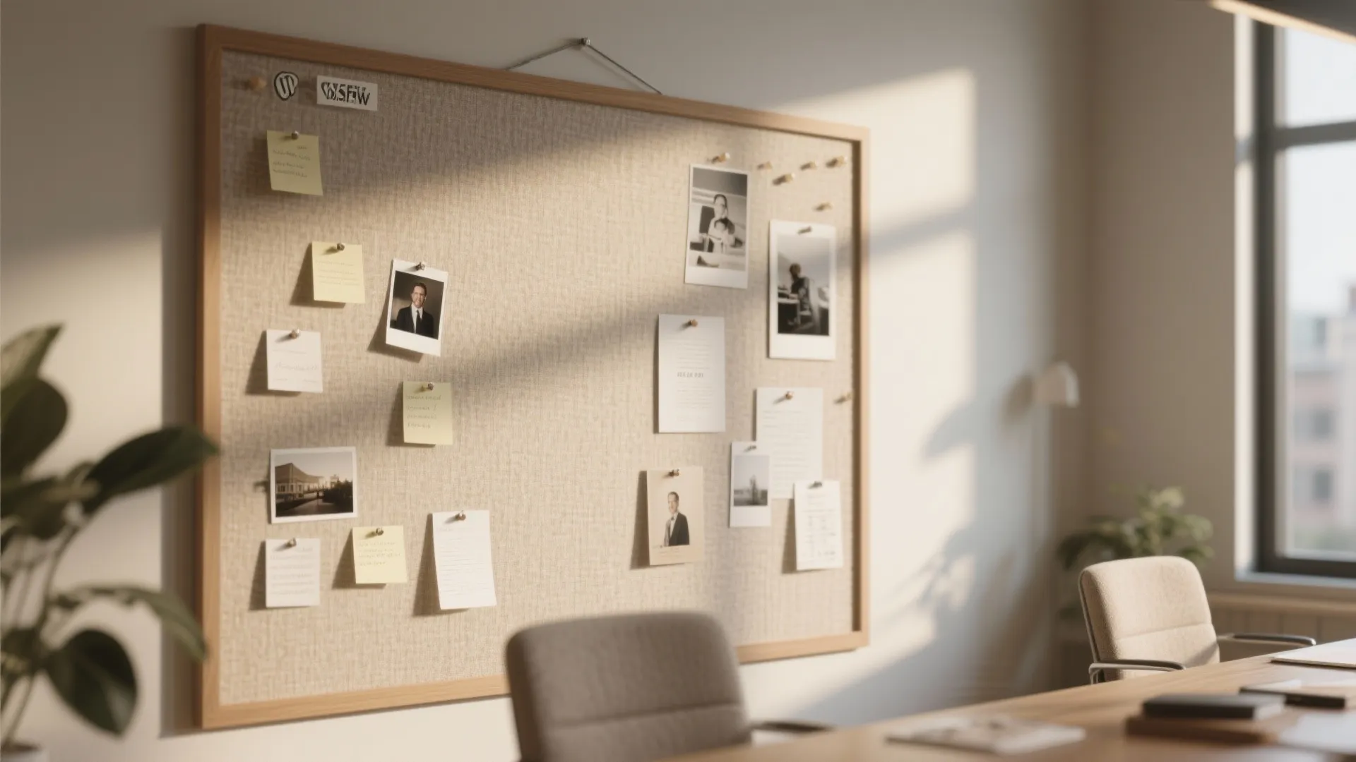 Beige fabric bulletin board on wall with pinned photos and notes in a bright office