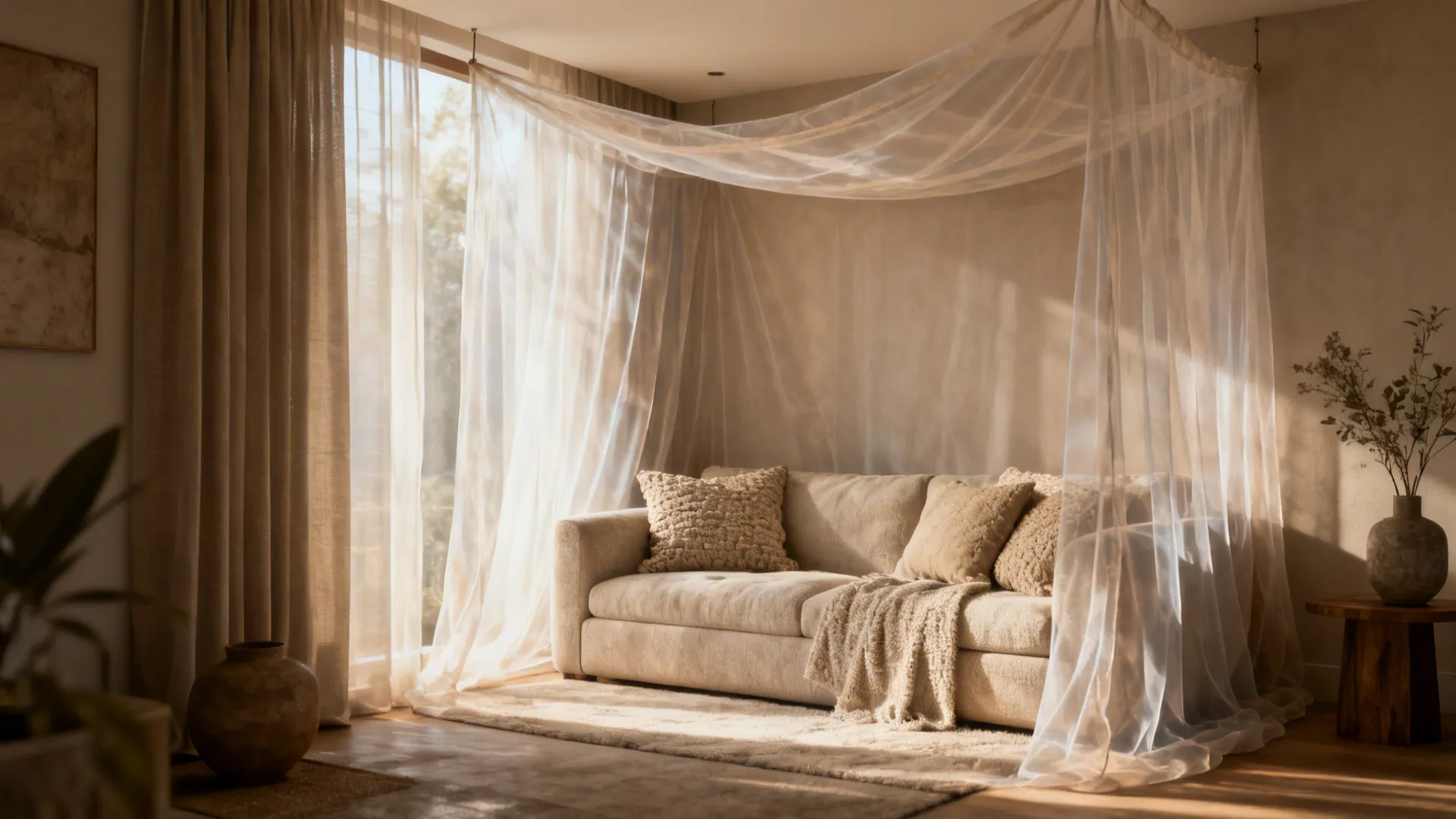 Sheer fabric canopy over a small seating nook creating a higher, softer ceiling feeling.