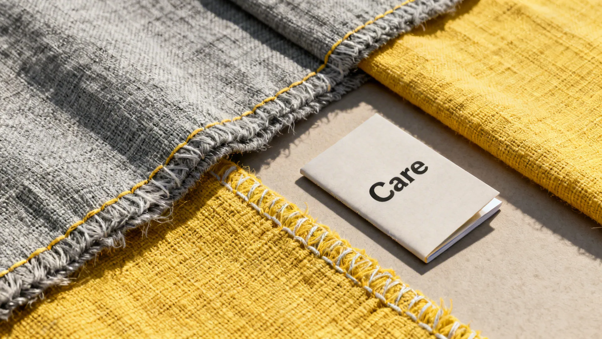 Close-up of grey and yellow fabric material samples next to a small white care instruction booklet