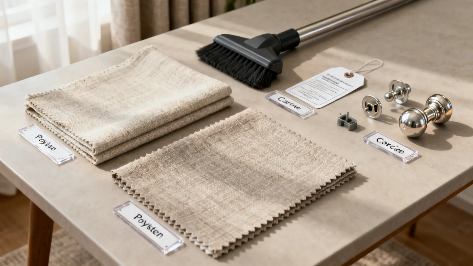 Flatlay of curtain fabric swatches, care tools, and hardware samples for curtain selection