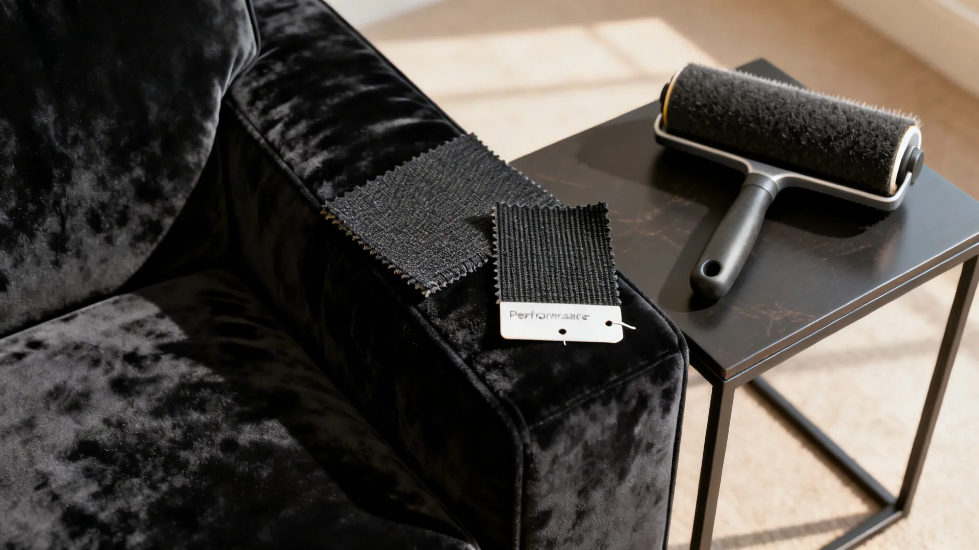 Fabric samples, lint roller and brush for maintaining black sofas