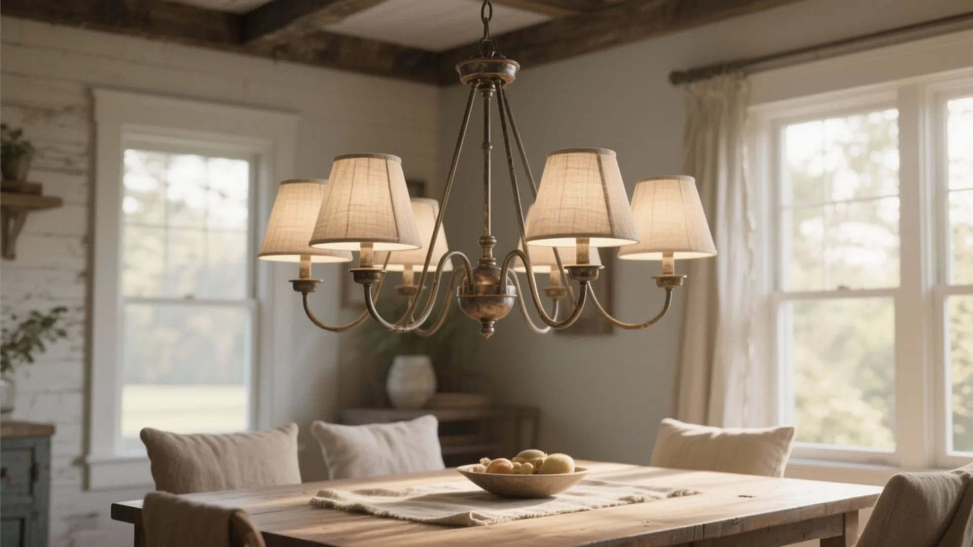 5. Mixed-Material Chandelier with Fabric Shades