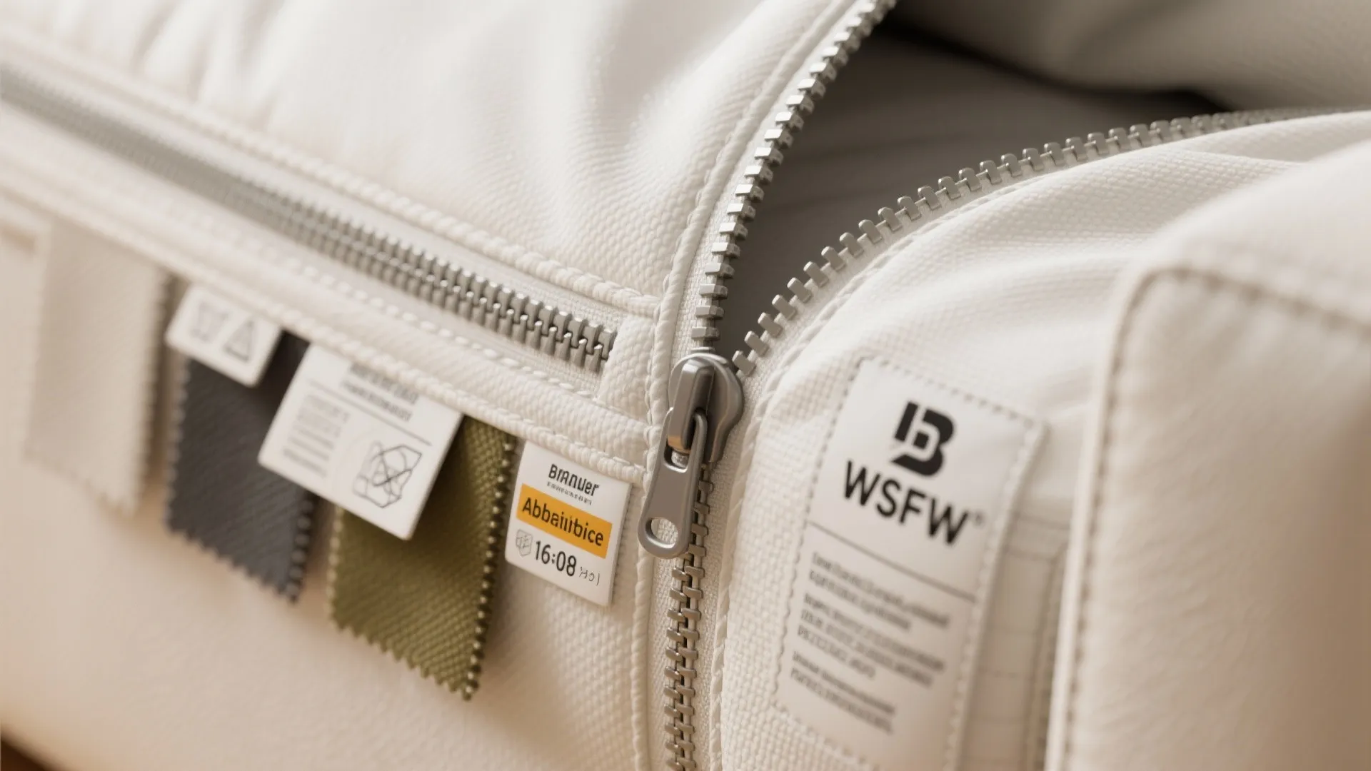 Close-up of removable white sofa cover zipper with performance fabric swatches and care labels.