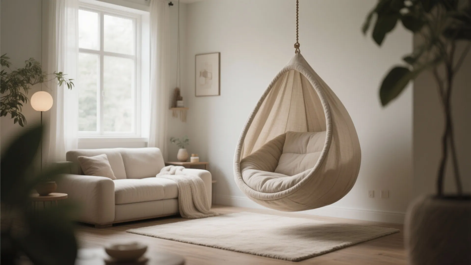 Fabric cocoon swing in a tranquil meditation corner