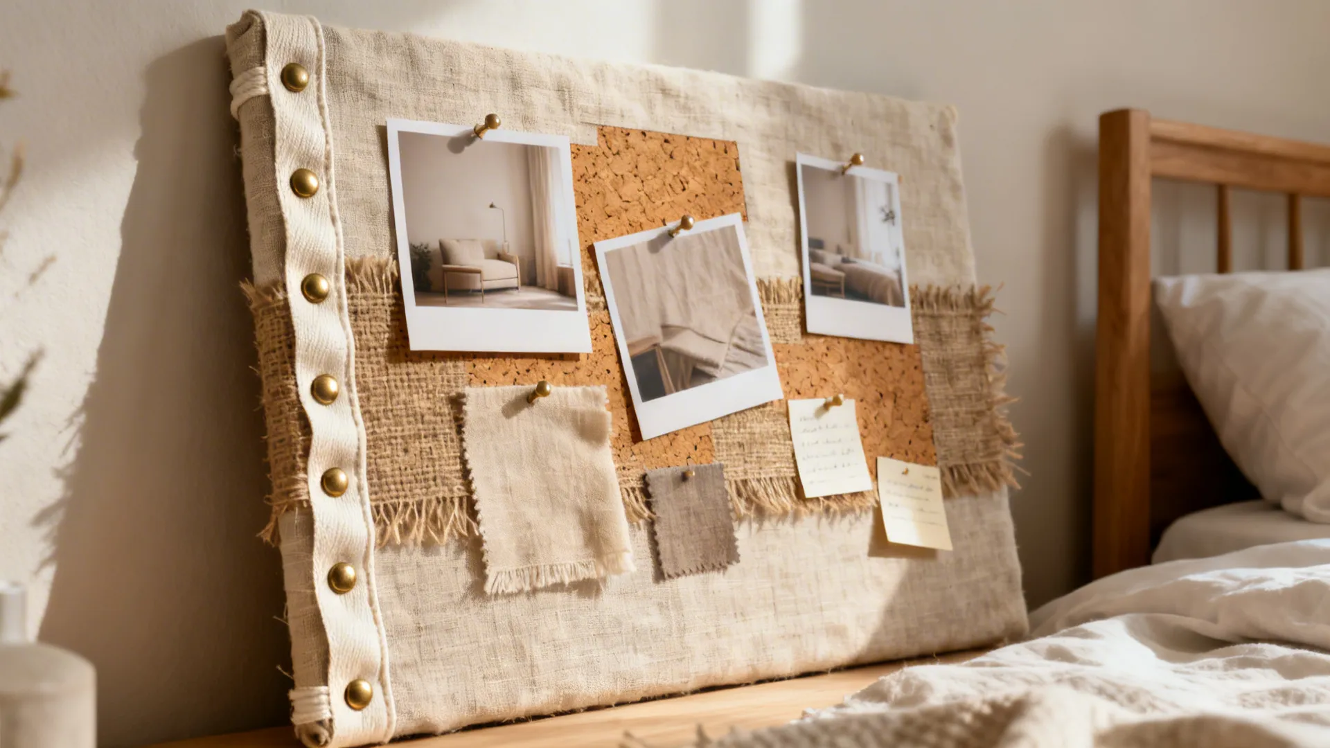 Fabric board with pinned photos and cloth samples sitting on a wooden table near bed