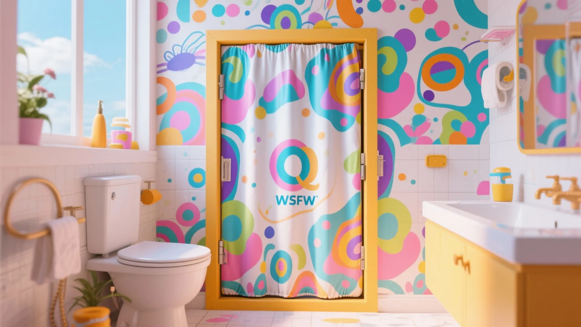 Colorful bathroom design featuring vibrant patterned wallpaper yellow vanity white toilet and a printed curtain
