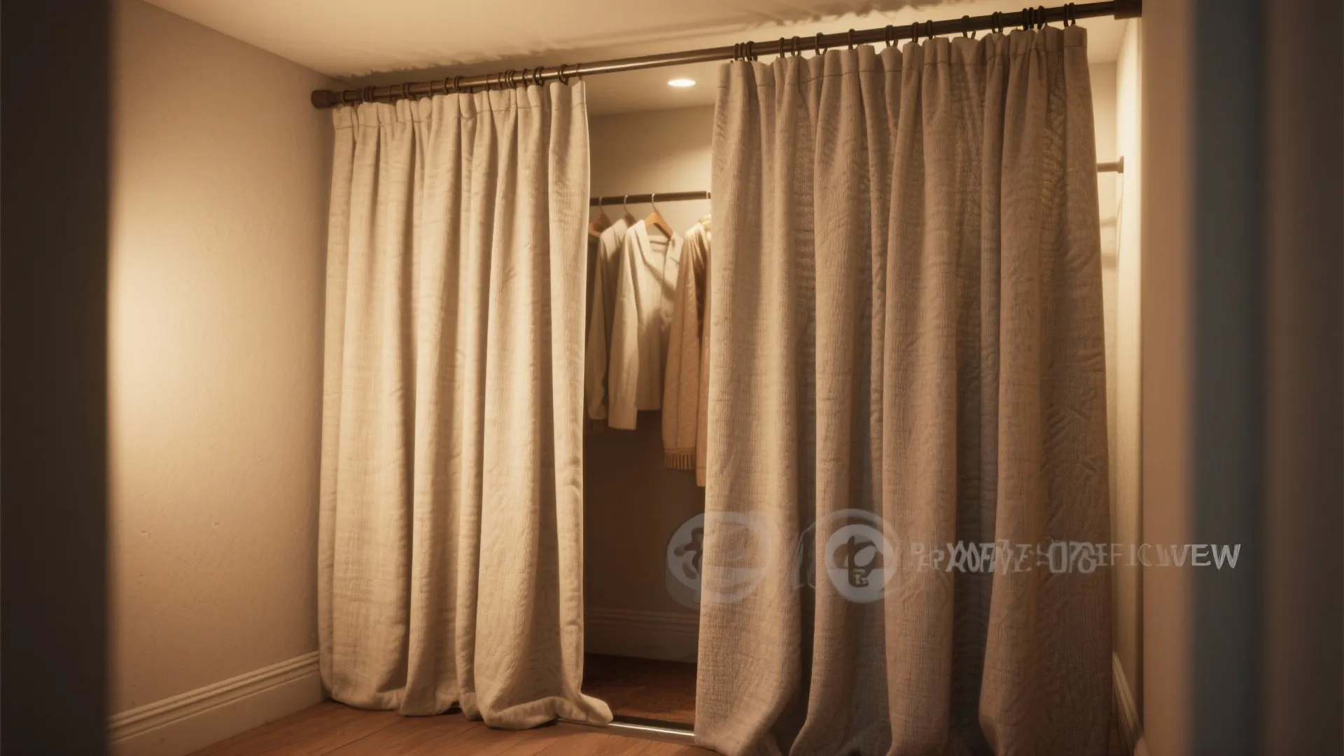 Neutral fabric curtain used as a closet door for a minimalist walk-in wardrobe storage area