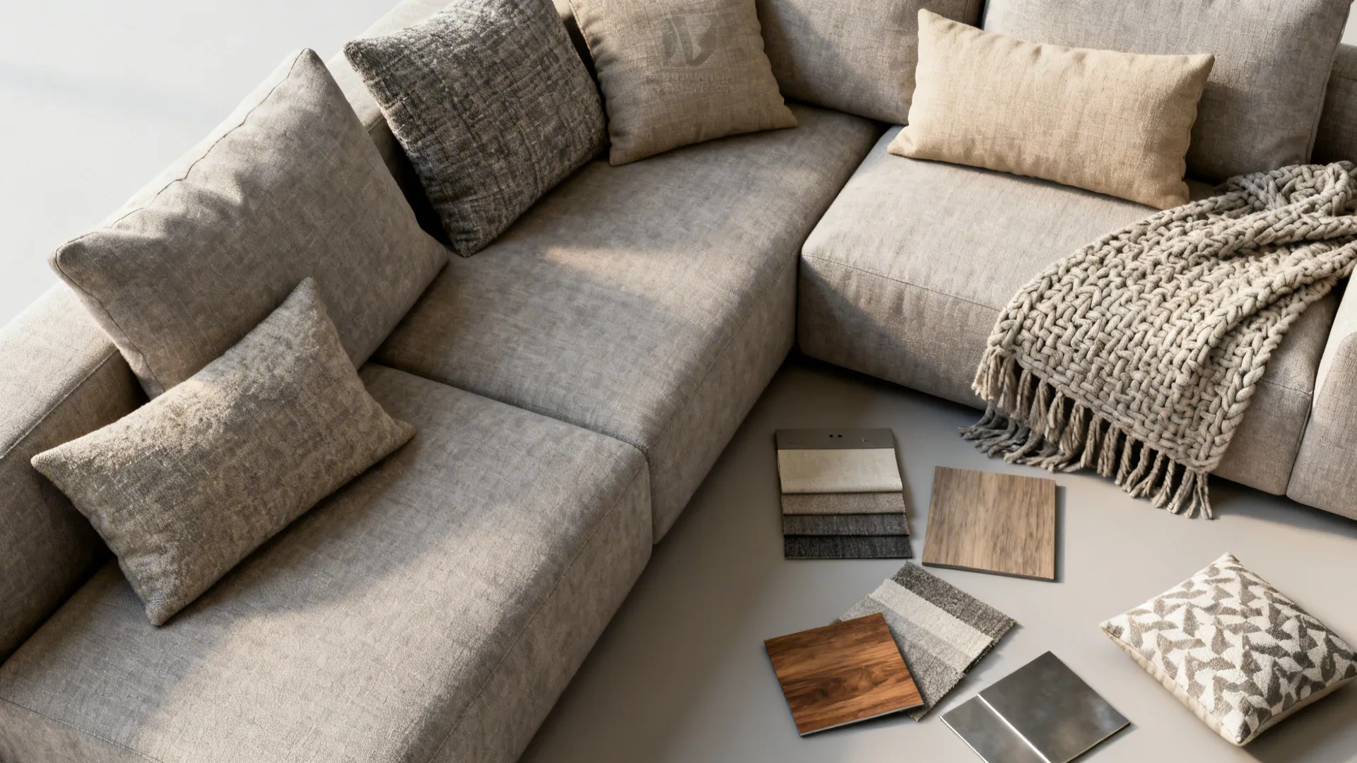 Fabric swatches and textured cushions in warm grey and muted beige for an L-shaped sofa