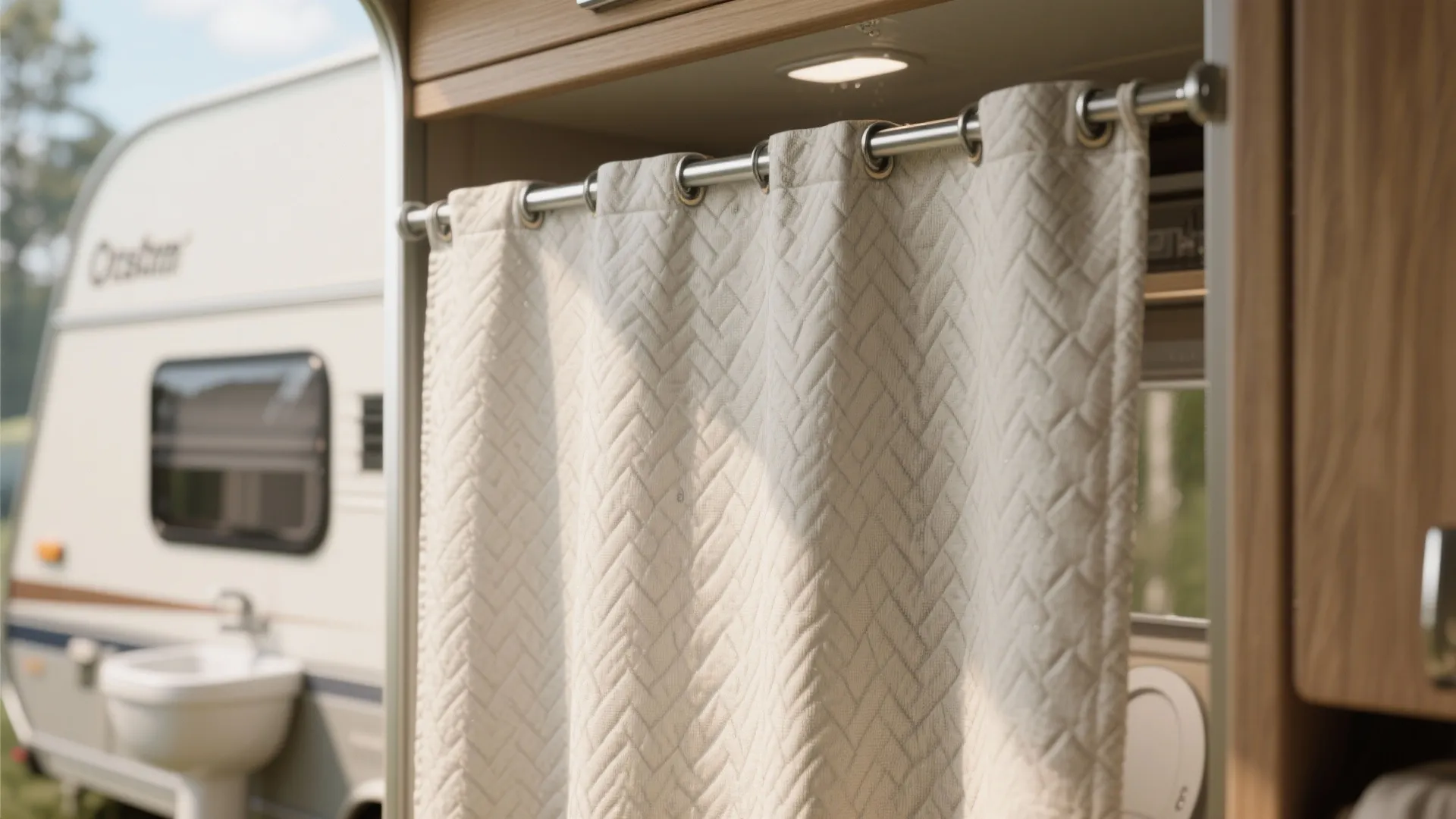 Beige textured curtain on a metal rod inside a motorhome with outdoor view of sink