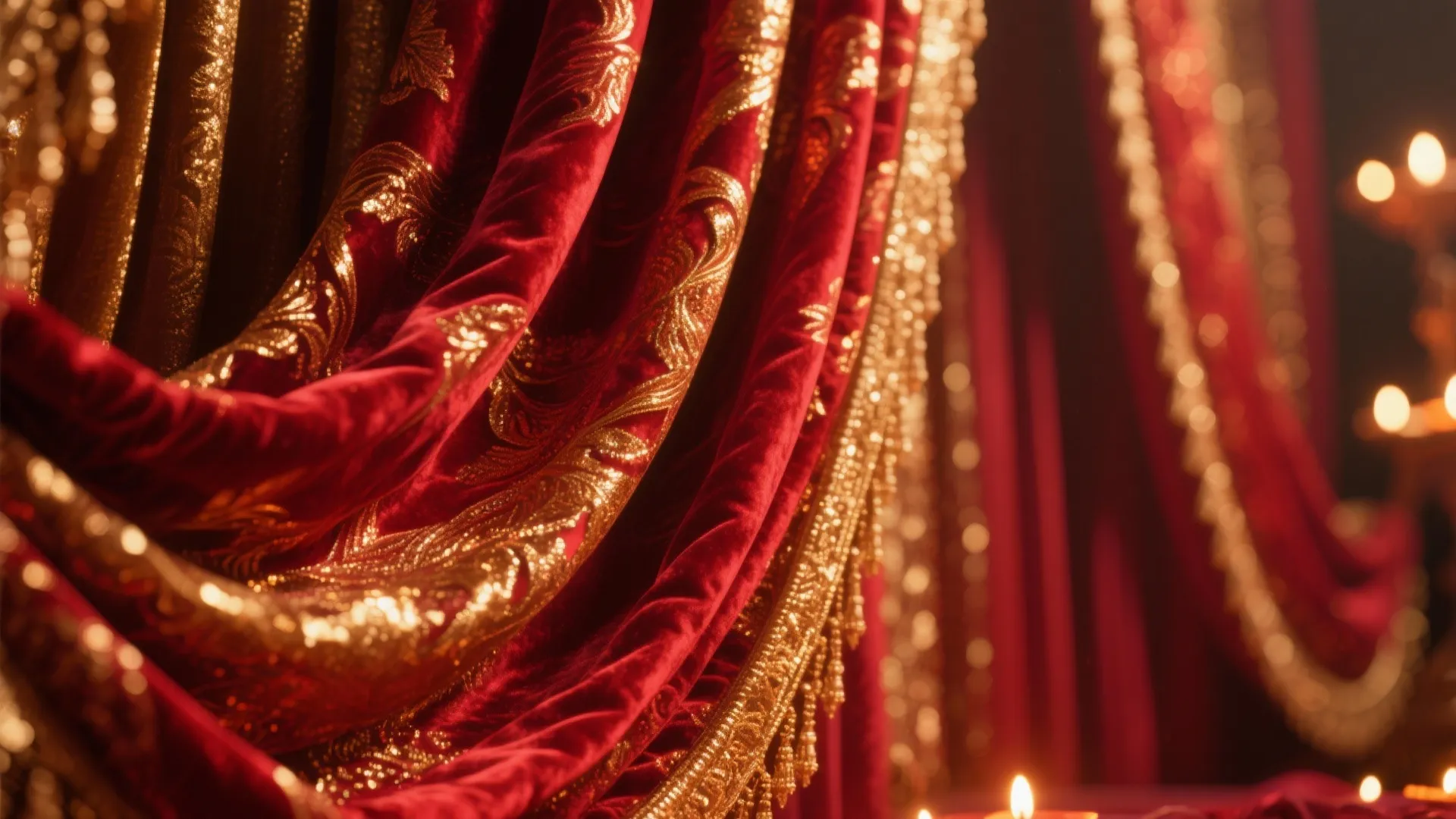 Deep red and gold silk and velvet drapery with elegant folds