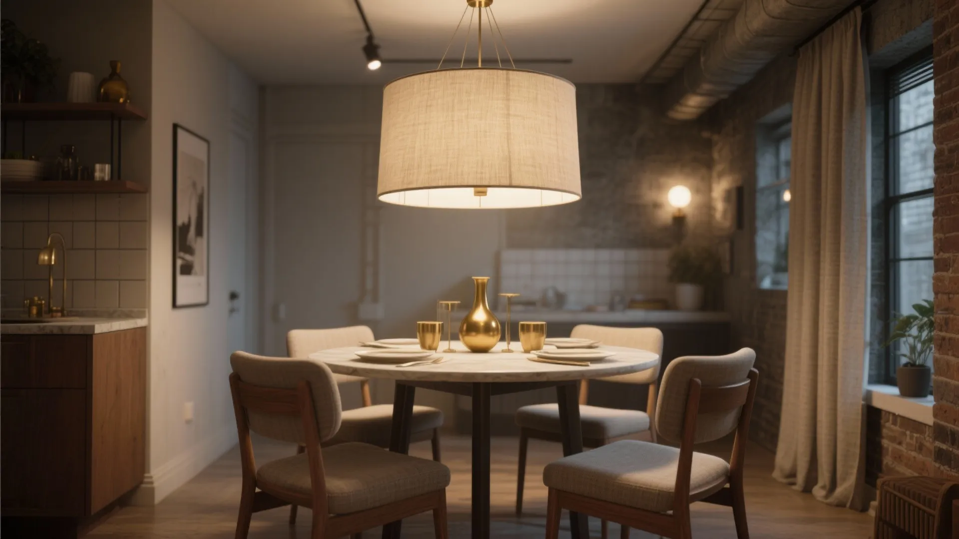 Small dining room with oatmeal linen drum chandelier and warm brass accents creating cozy light.