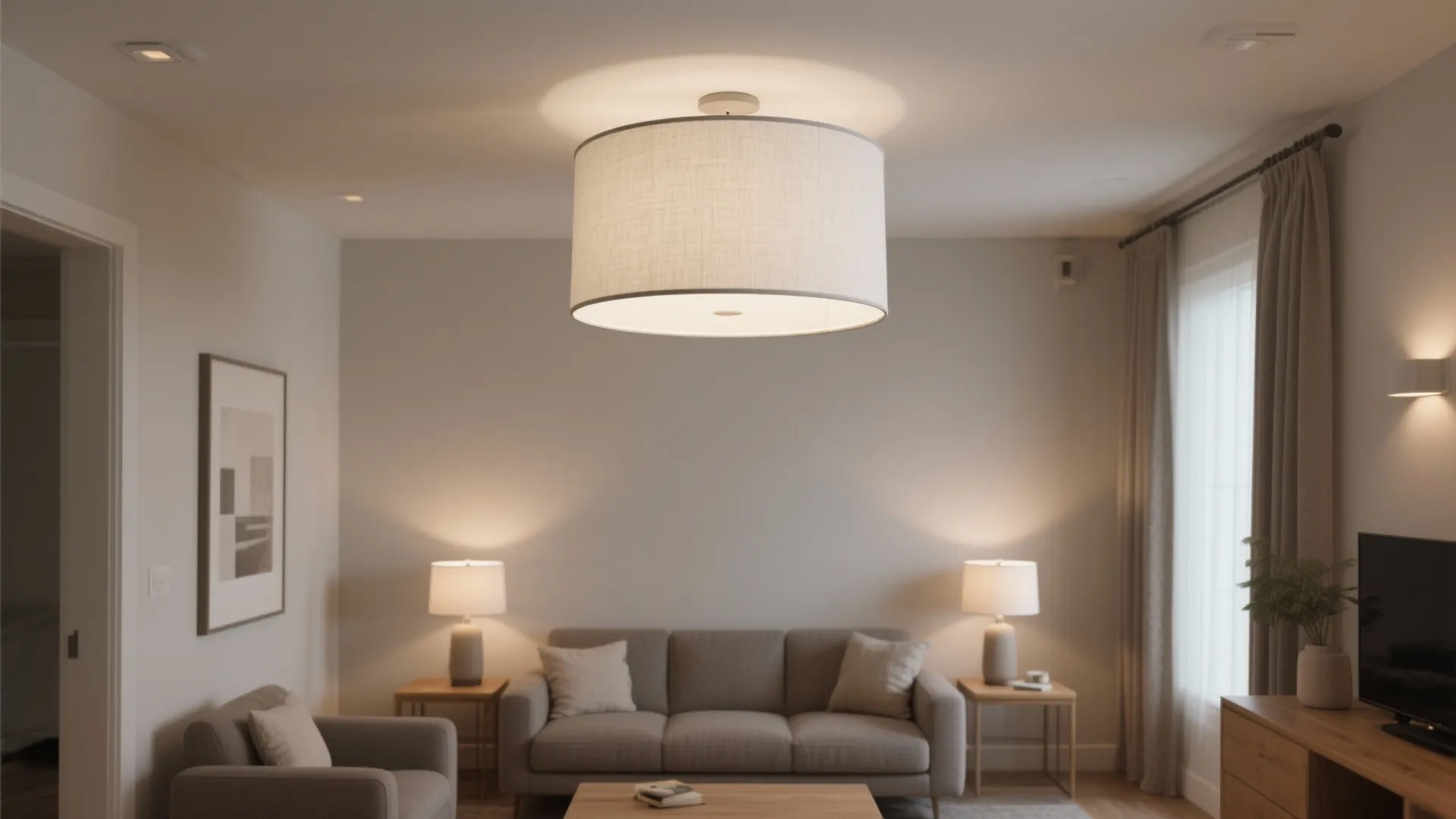 Flush-mount drum with fabric diffuser for cozy, modern softness