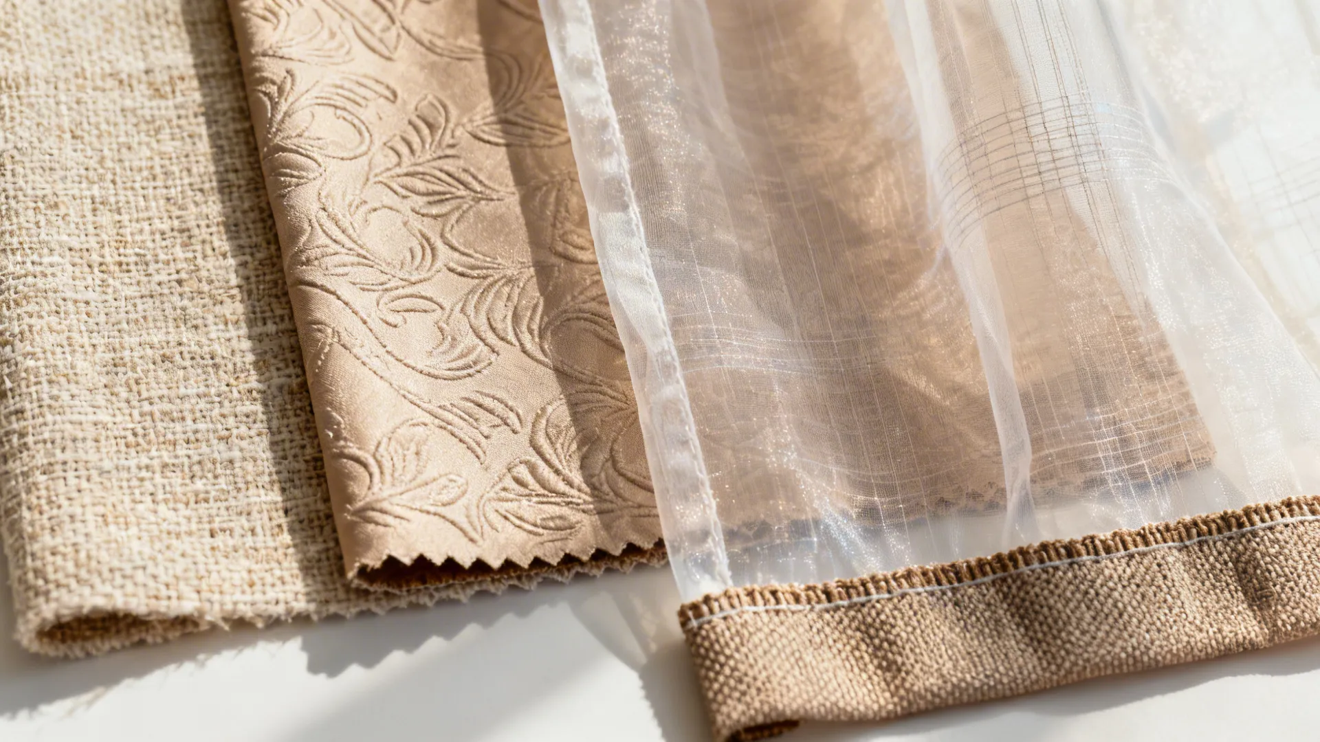 Close-up fabric swatches including cotton-linen, textured polyester, sheer voile and blackout lining.