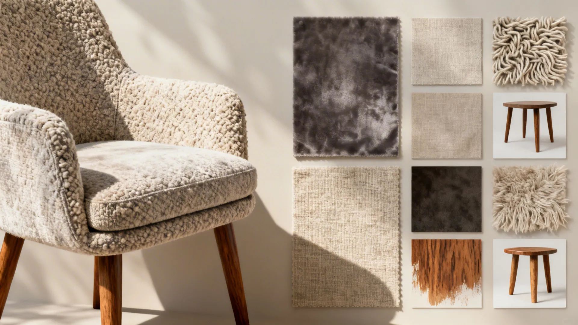 Flatlay of fabric swatches (bouclé, velvet, linen) and wood finish chips for oversized chairs.