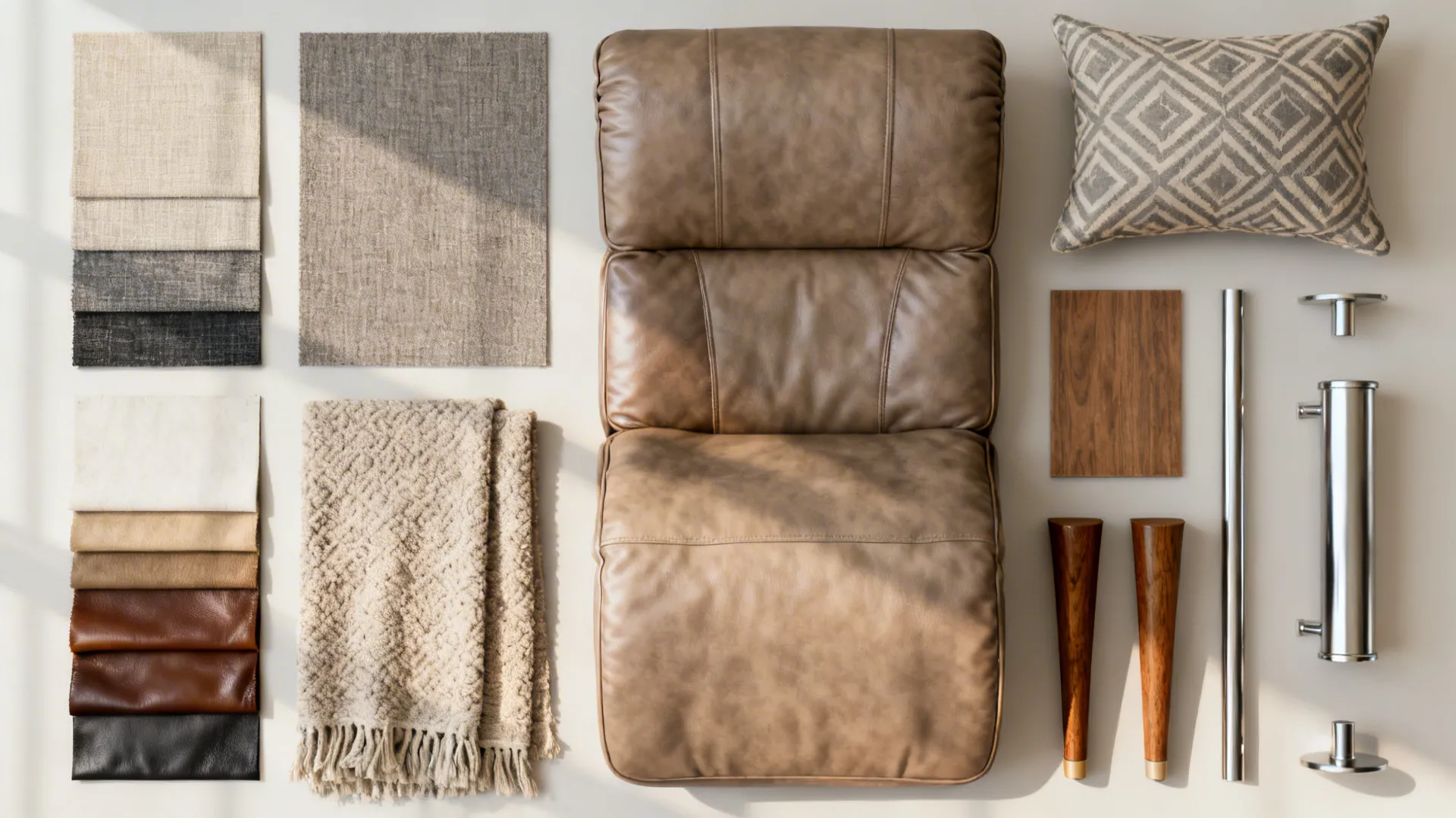 Top view of furniture materials including leather seat cushion fabric swatches wood legs and pillow