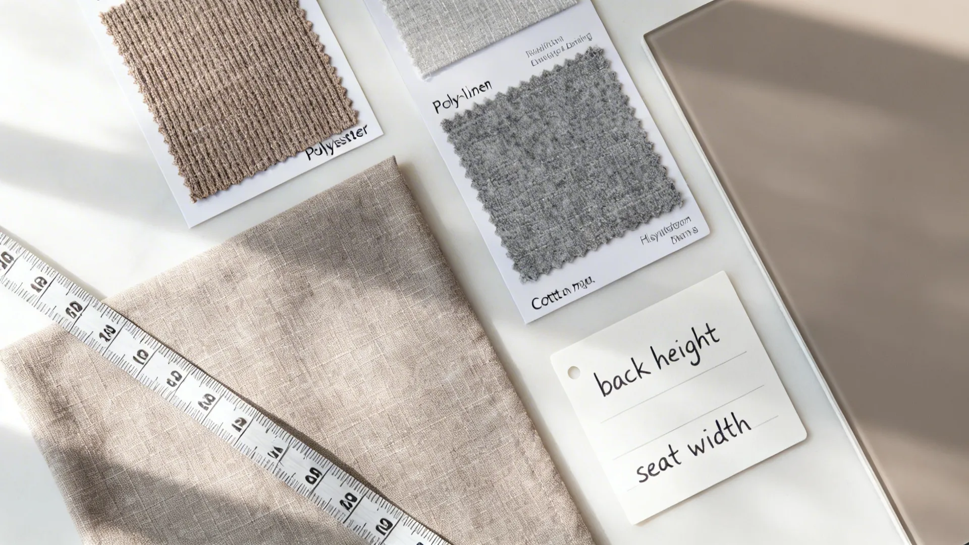 Flat lay of fabric swatches with measuring tape for choosing dining chair cover fabric and fit.