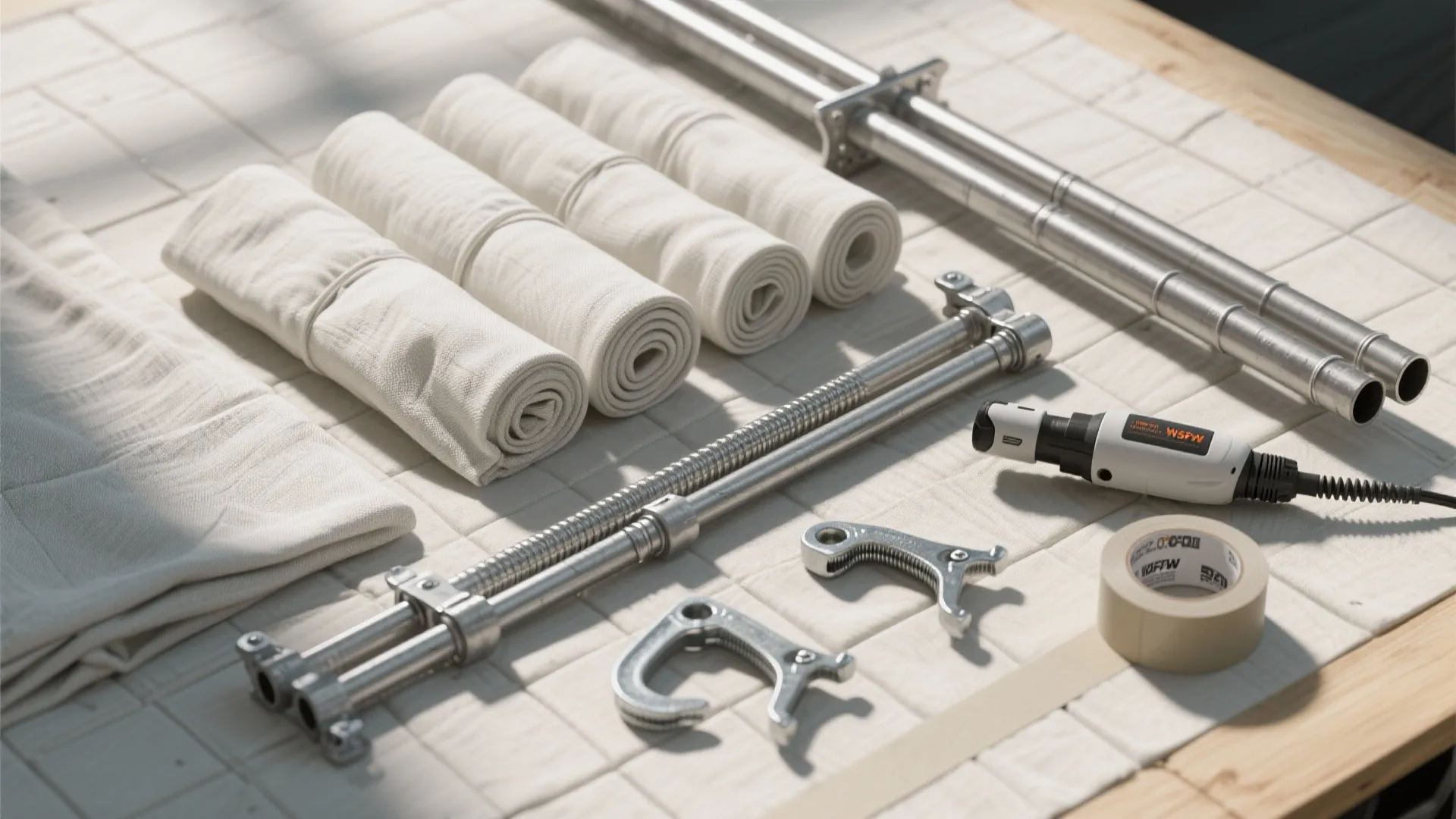 Rolled white curtain fabric displayed with metal curtain rods tape and tools on a table
