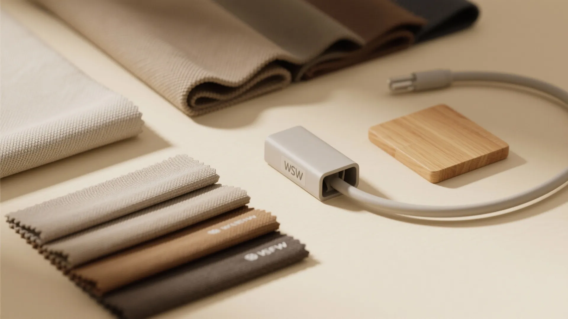 Collection of neutral fabric swatches arranged neatly next to a power cable and wooden block