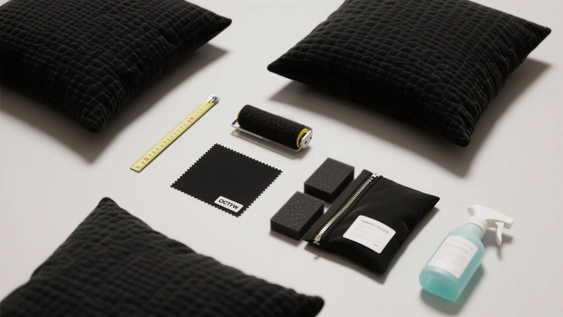 Flatlay of black fabric swatches, foam samples, measurement tape, lint roller, and removable cushion cover for dining cushions.