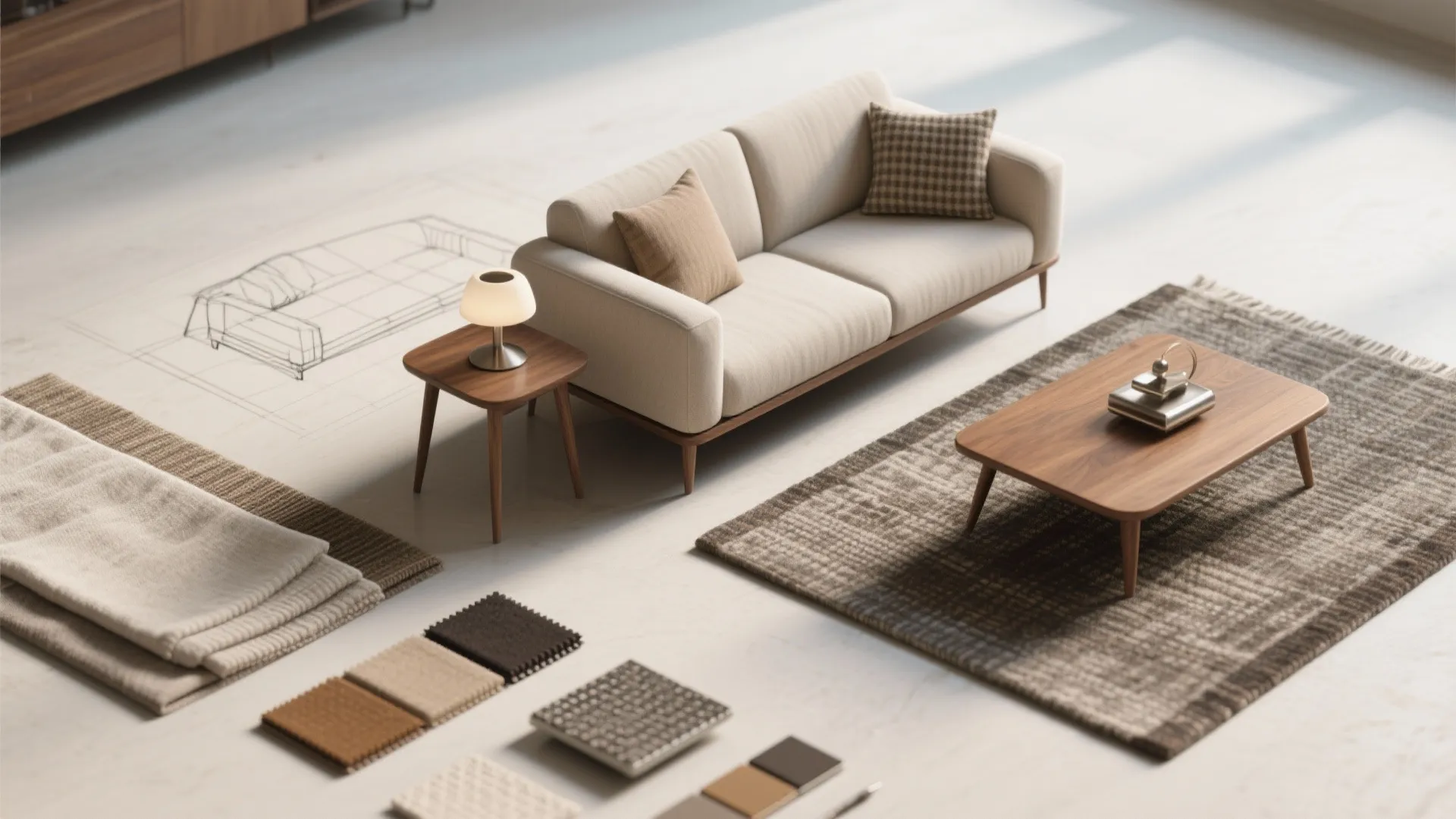 Interior design drawing with cream sofa wooden coffee table rug and fabric swatches for furniture